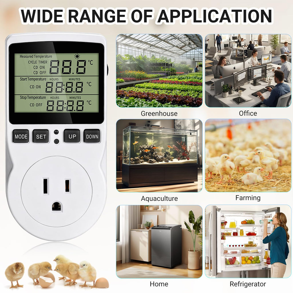 XIBETEO Digital Thermostat Outlet Plug Temperature Controller, Thermostat Reptile -40°C~120°C Hating Cooling Timing Plug with 1.7m Sensor for Greenhouse Incubator Brewing Terrarium 120V 15A 1800W
