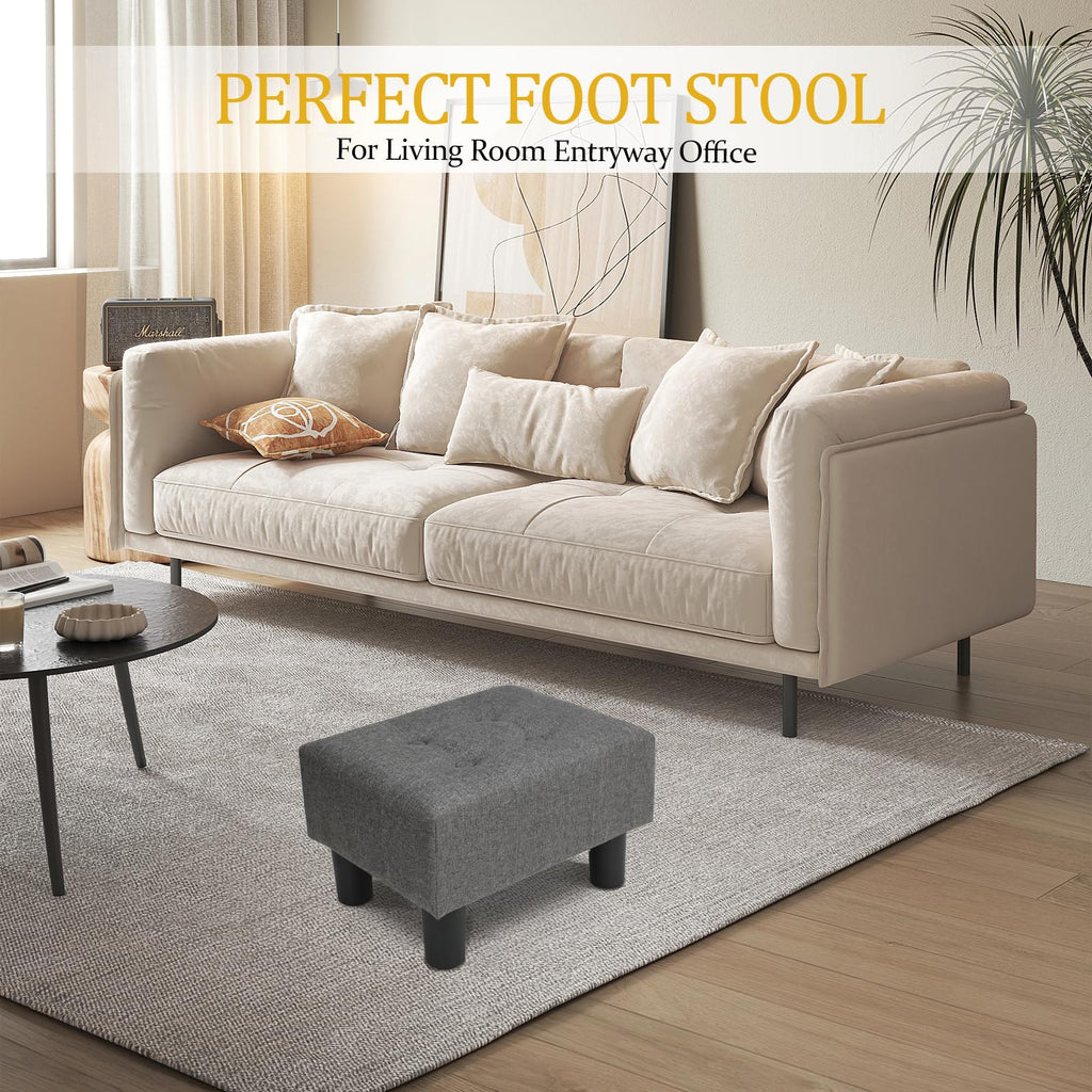 Nizrezol Small Foot Stool Ottoman, Linen Ottoman Foot Rest with Legs, Rectangle Foolstool Footrest for Couch Living Room Entryway, Grey 15.8x11.8x9.5in