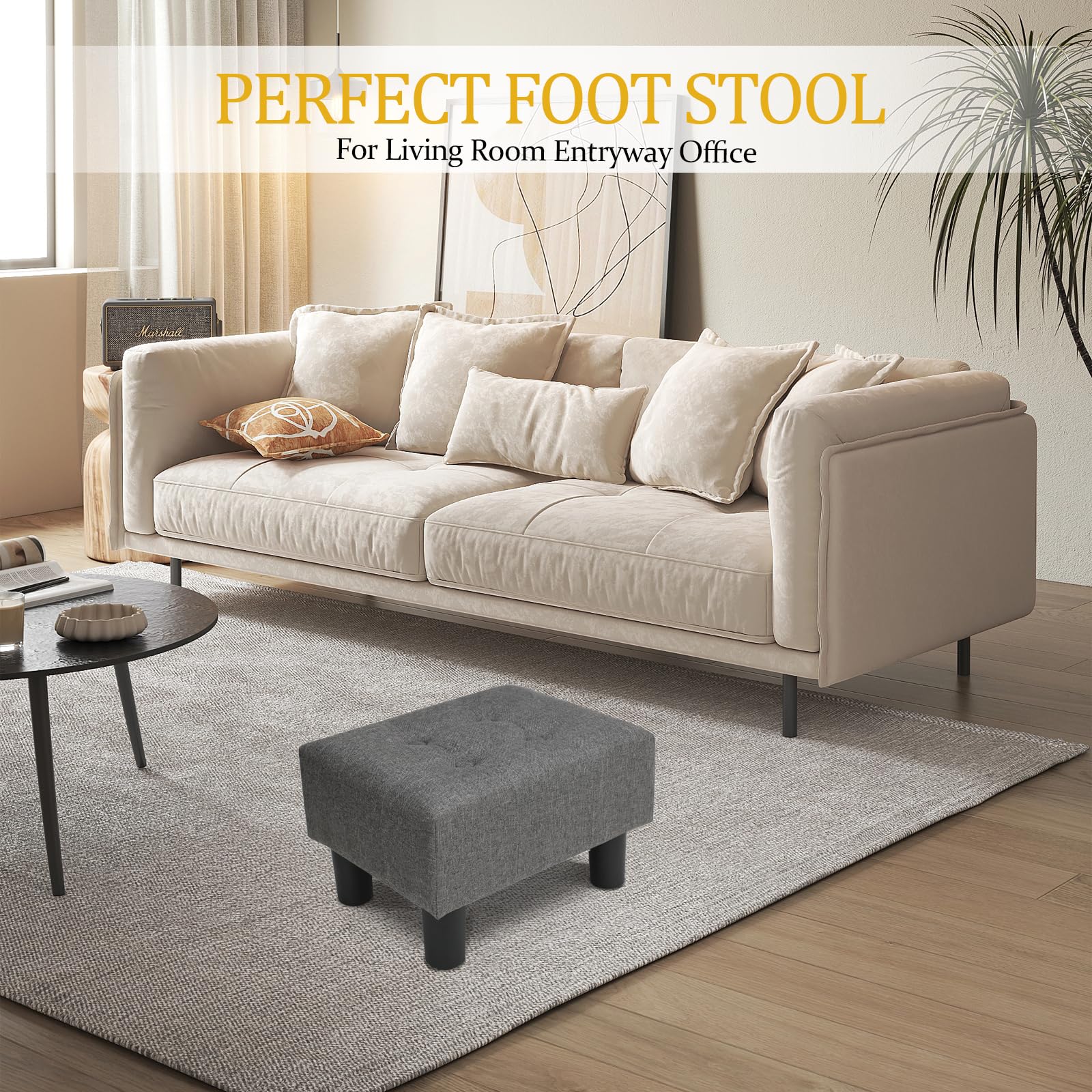 Nizrezol Small Foot Stool Ottoman, Linen Ottoman Foot Rest with Legs, Rectangle Foolstool Footrest for Couch Living Room Entryway, Grey 15.8x11.8x9.5in