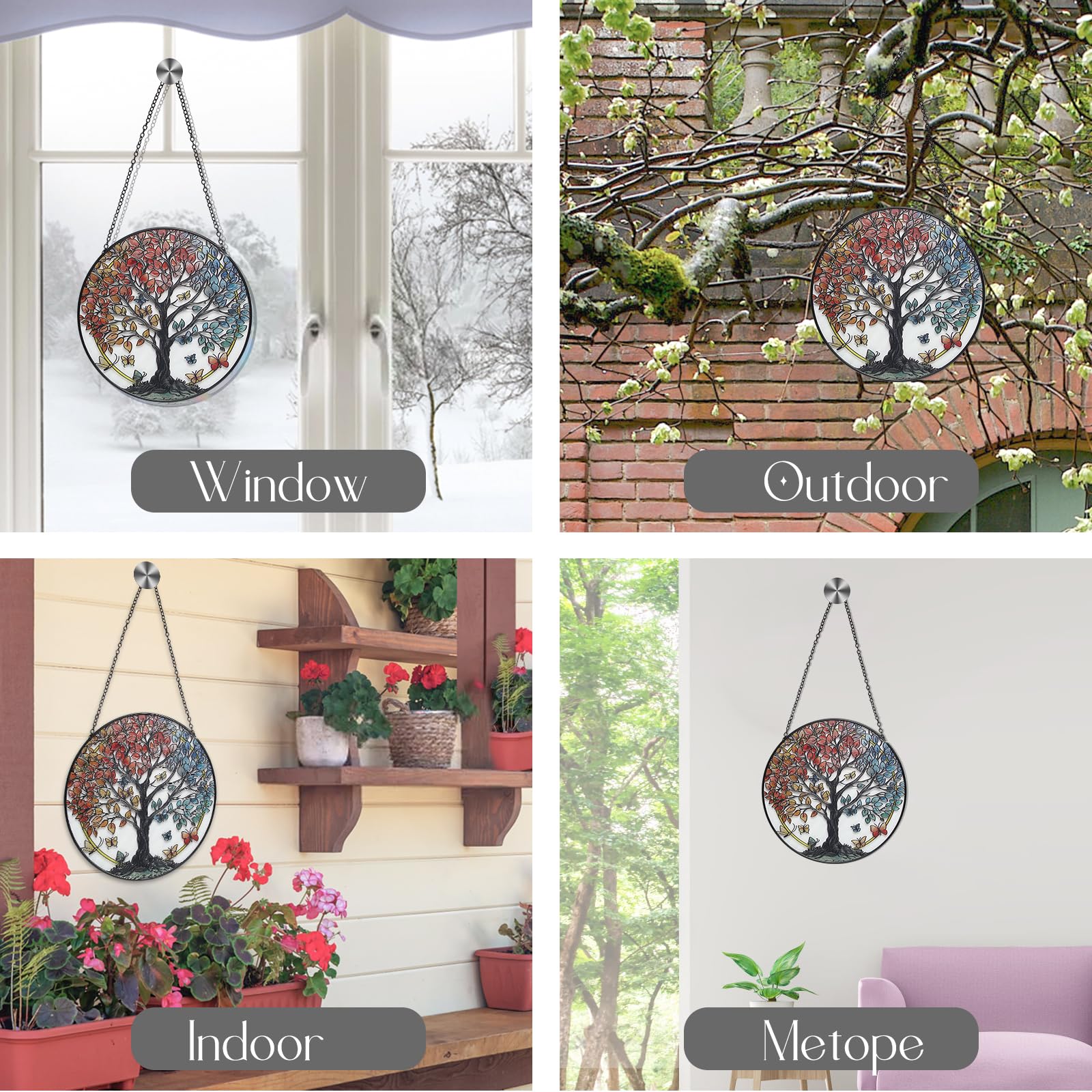 Tree of Life Sun Catcher Suncatcher - Indoor/Outdoor Stained Glass Window Hanging, Handmade Gift for Home Garden Christmas Wedding Housewarming Decor (6.31x6.31 in)