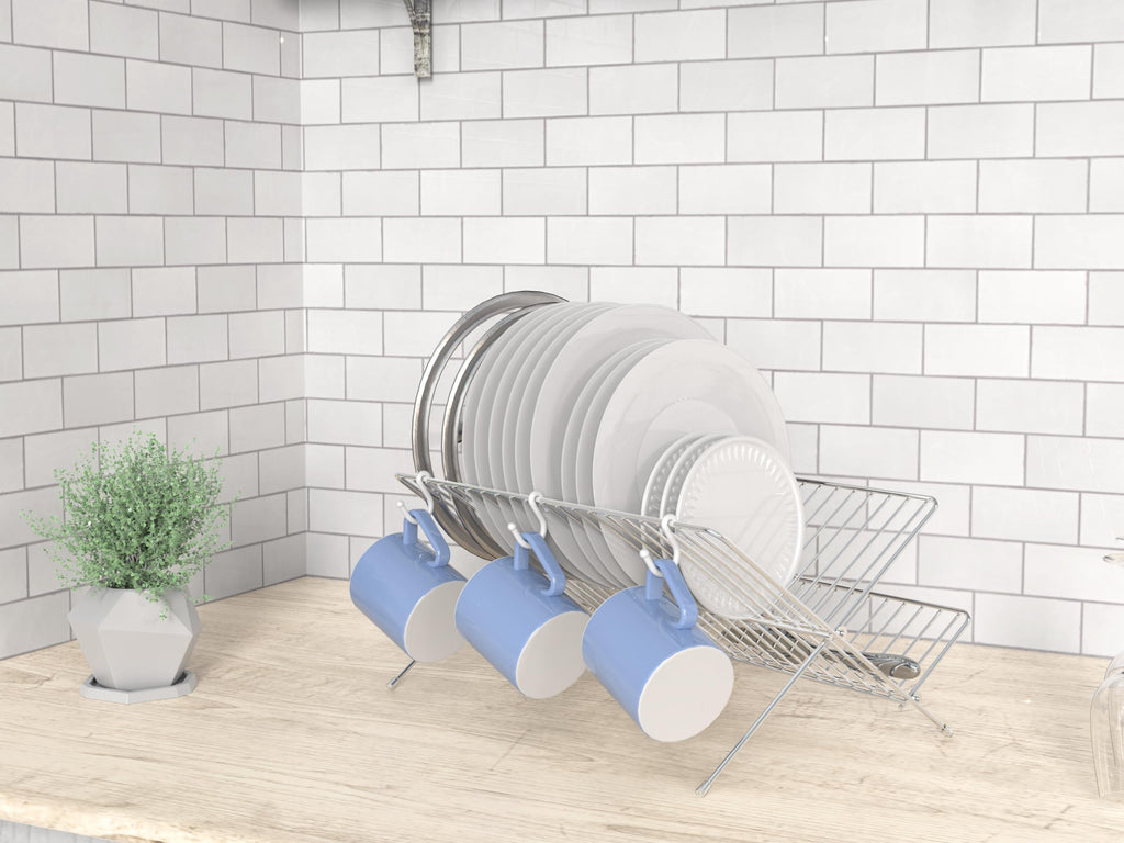 Simple Houseware Folding Dish Drying Rack, 2-Tier Collapsible X-Shape Tableware Drainer for Kitchen Countertop and Compact Storage, Chrome