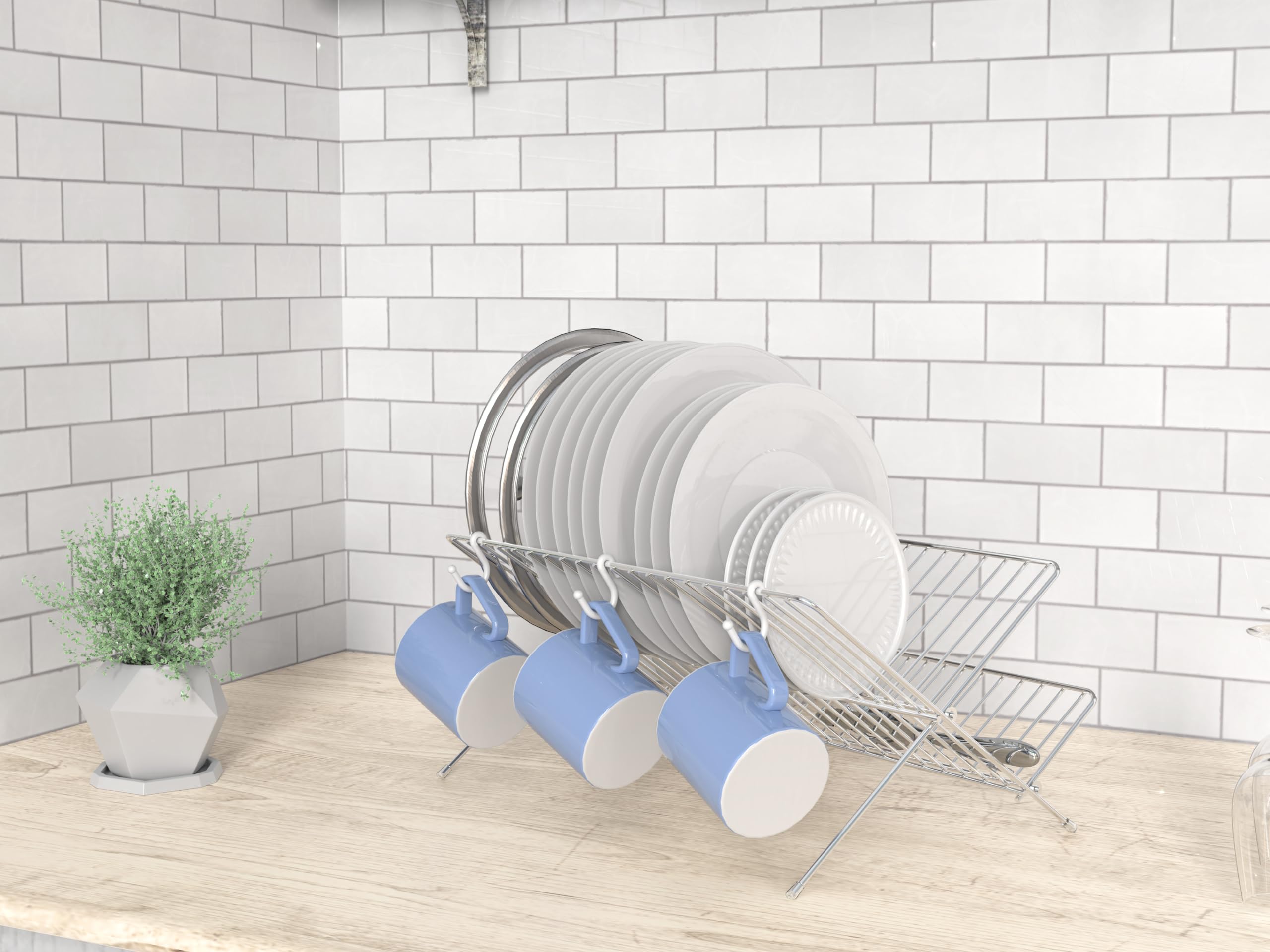 Simple Houseware Folding Dish Drying Rack, 2-Tier Collapsible X-Shape Tableware Drainer for Kitchen Countertop and Compact Storage, Chrome