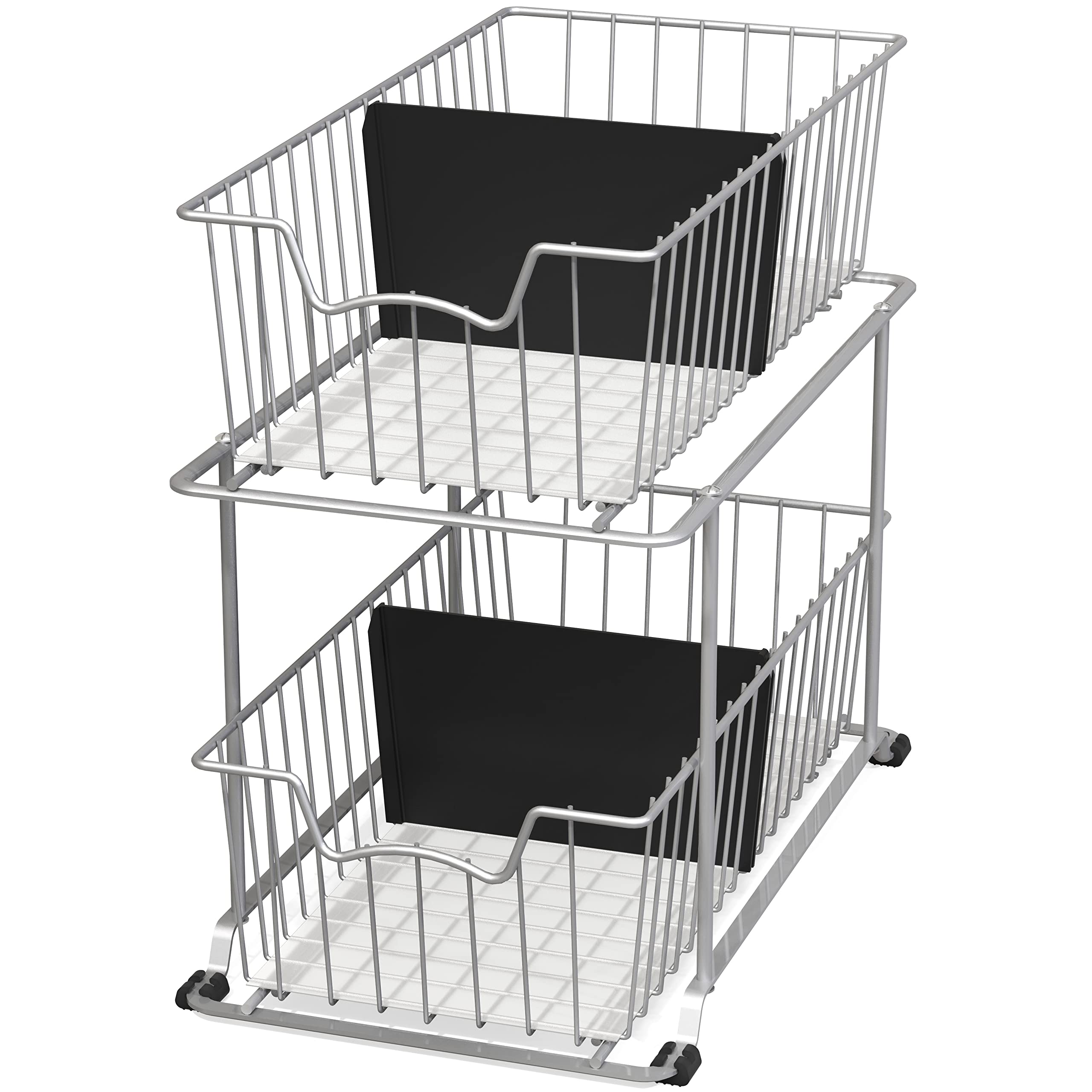 Simple Houseware 2 Tier Pull Out Cabinet Wire Basket Drawer Organizer for Under Sink, Kitchen, and Bathroom, Silver