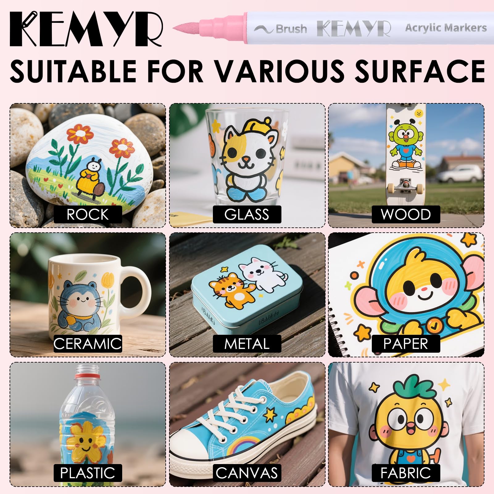 KEMYR 72 Colors Brush & Fine Tip Acrylic Paint Pens, Dual Tip Acrylic Paint Markers for Paper, Wood, Canvas, Stone, Rock Painting, Glass, Fabric, DIY, Ceramic, Art Supplies for Drawing