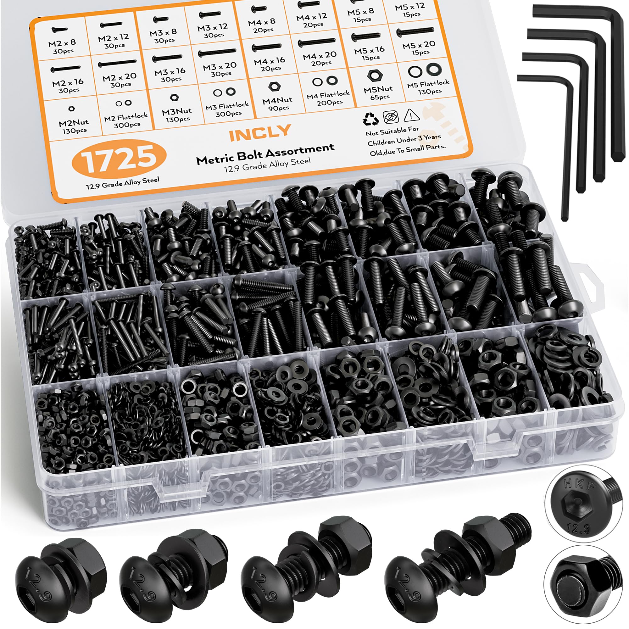 INCLY 1725PCS Metric Screw Assortment Kit, M2 M3 M4 M5 Metric Bolts and Nuts Kit with Lock and Flat Washers,Black Hex Socket Head Cap Alloy Steel Machine Screw Set with Wrench