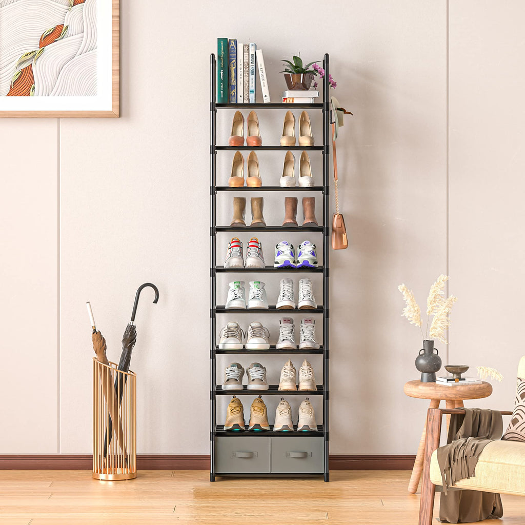 OYREL Tall Shoe Rack 10 Tier Narrow Shoes Rack 20 25 Pairs, Shoe Storage Shoe Organizer for Closet, Sturdy Metal Shoe Shelf with 2 Boxes 1 Hook
