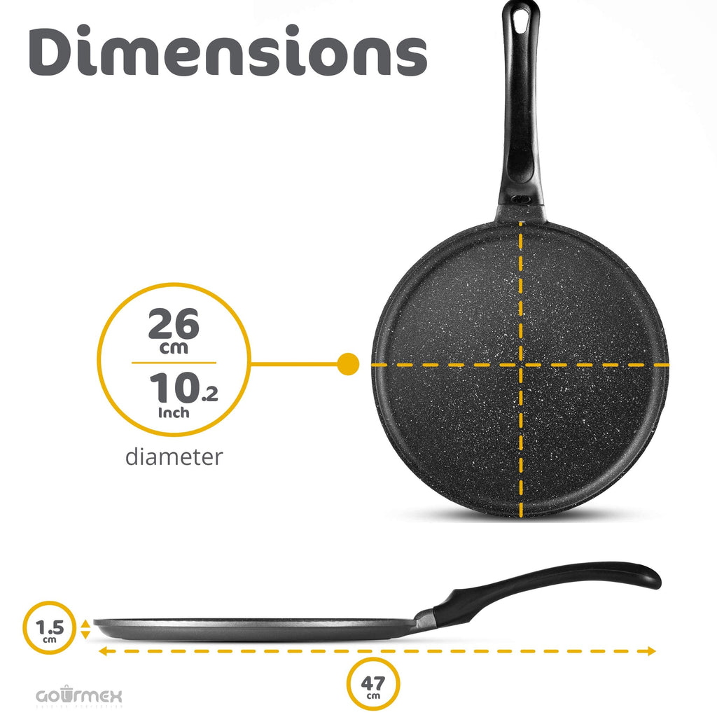 GOURMEX 26cm Induction Crepe Pan, Black, PFOA Free Nonstick Coating | Great Skillet for Omelets and Crepes | (26cm Crepe Pan)