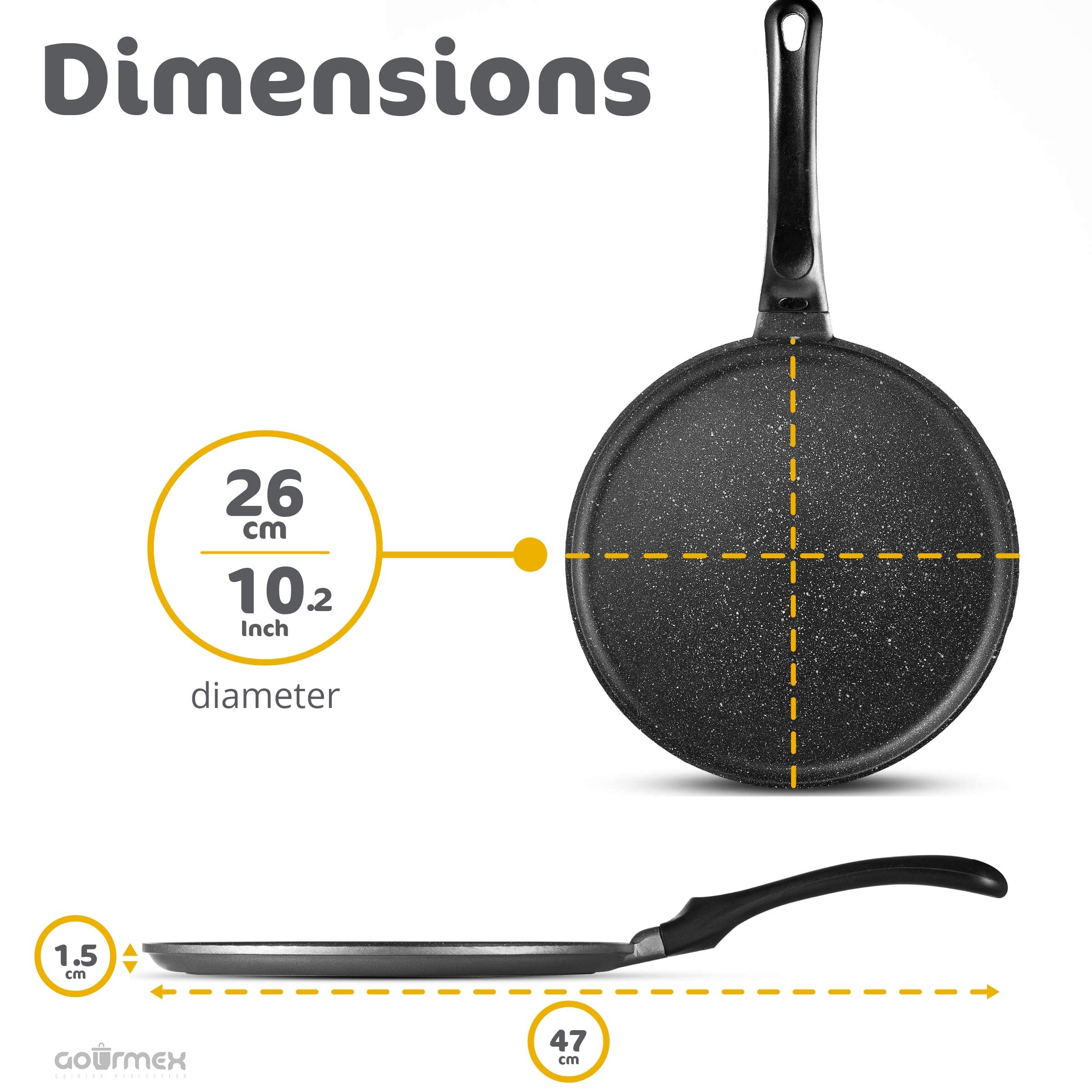 GOURMEX 26cm Induction Crepe Pan, Black, PFOA Free Nonstick Coating | Great Skillet for Omelets and Crepes | (26cm Crepe Pan)