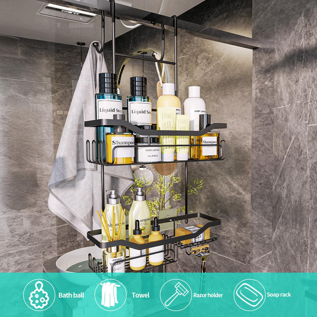 HapiRm Shower Caddy Hanging - 2 Tier No Drilling Over Door Shower Caddy, Shower Shelves Hanging with Soap Holder, Waterproof Rust Resistant Bathroom Organizer Rack for Shampoo, Conditioner, Towel