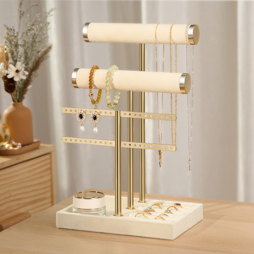 3 Tier Bracelet Holder Display - Beige Velvet Jewelry Organizer Stand, Detachable T Bar Jewelry Holder for Bracelet, Necklace, Watches, Rings, Earrings