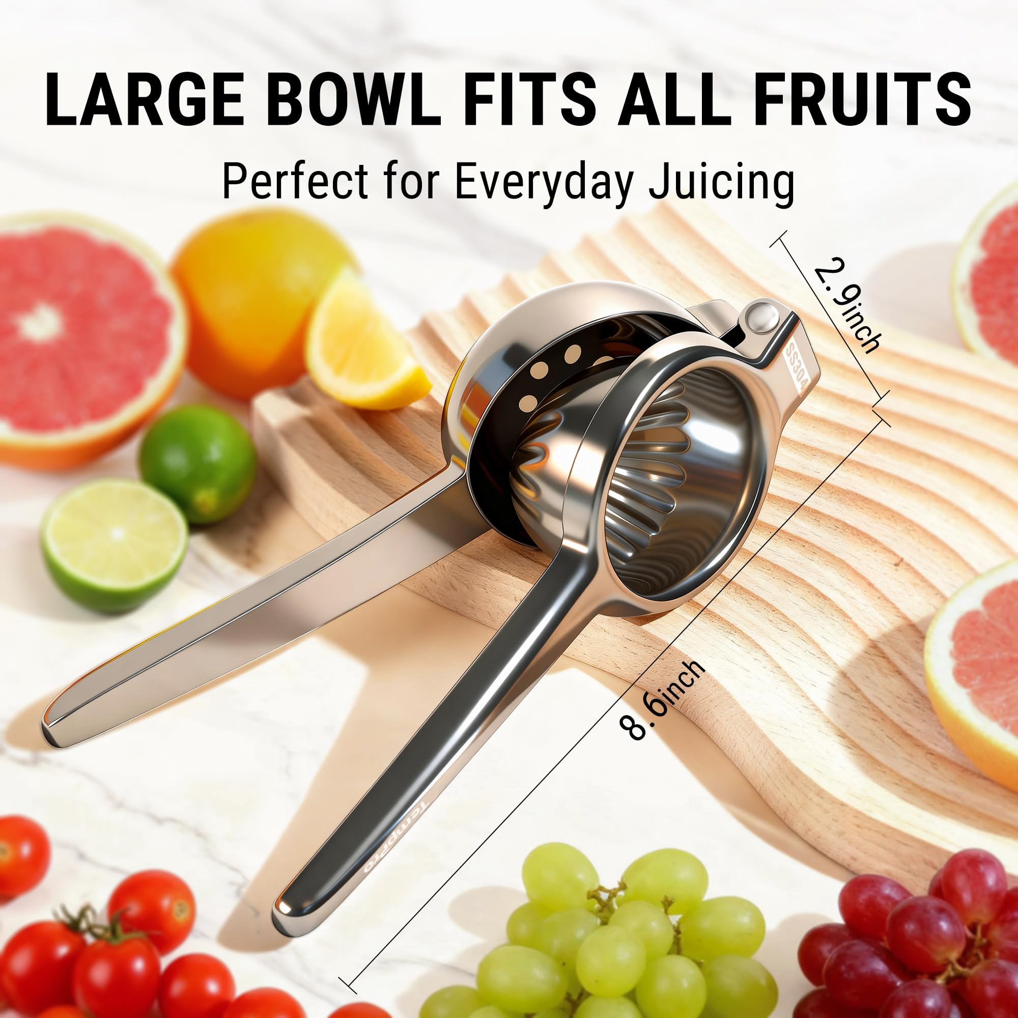 TempPro Lemon Lime Squeezer, 304 Stainless Steel Hand Press Citrus Juicer with Grooved Bowl & 8 Filter Holes, Heavy-Duty Hinged Handle, High Juice Yield, Easy to Use & Dishwasher Safe