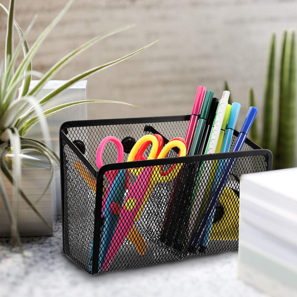 Jucoan 4 Pack Magnetic Pencil Holder Set Including Semicircle Pen Organizer, 3 Slots Mesh Metal Storage Basket with Strong Magnet for Fridge, Locker, Whiteboard