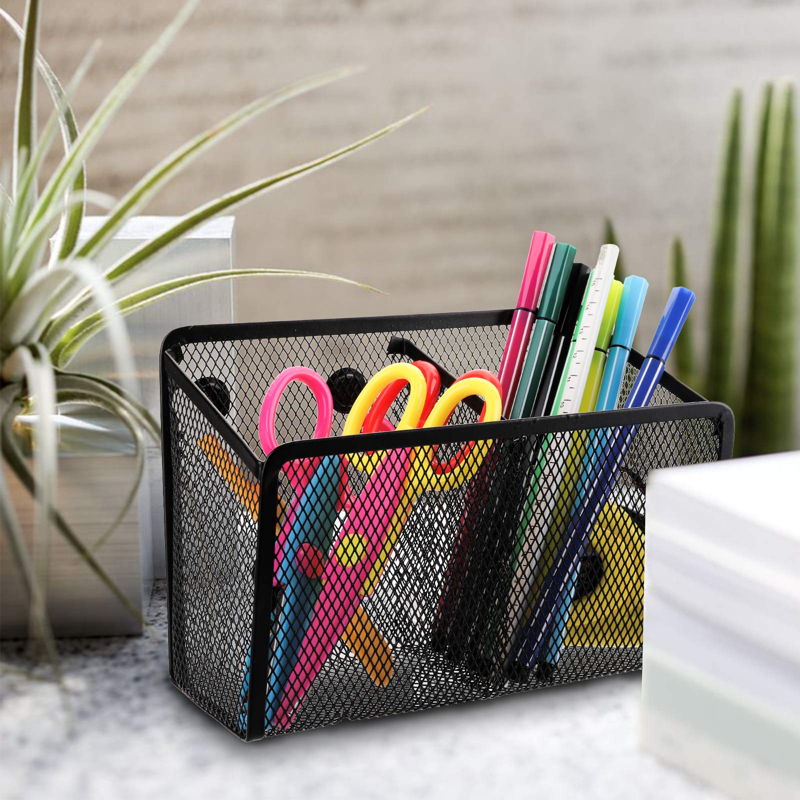 Jucoan 4 Pack Magnetic Pencil Holder Set Including Semicircle Pen Organizer, 3 Slots Mesh Metal Storage Basket with Strong Magnet for Fridge, Locker, Whiteboard