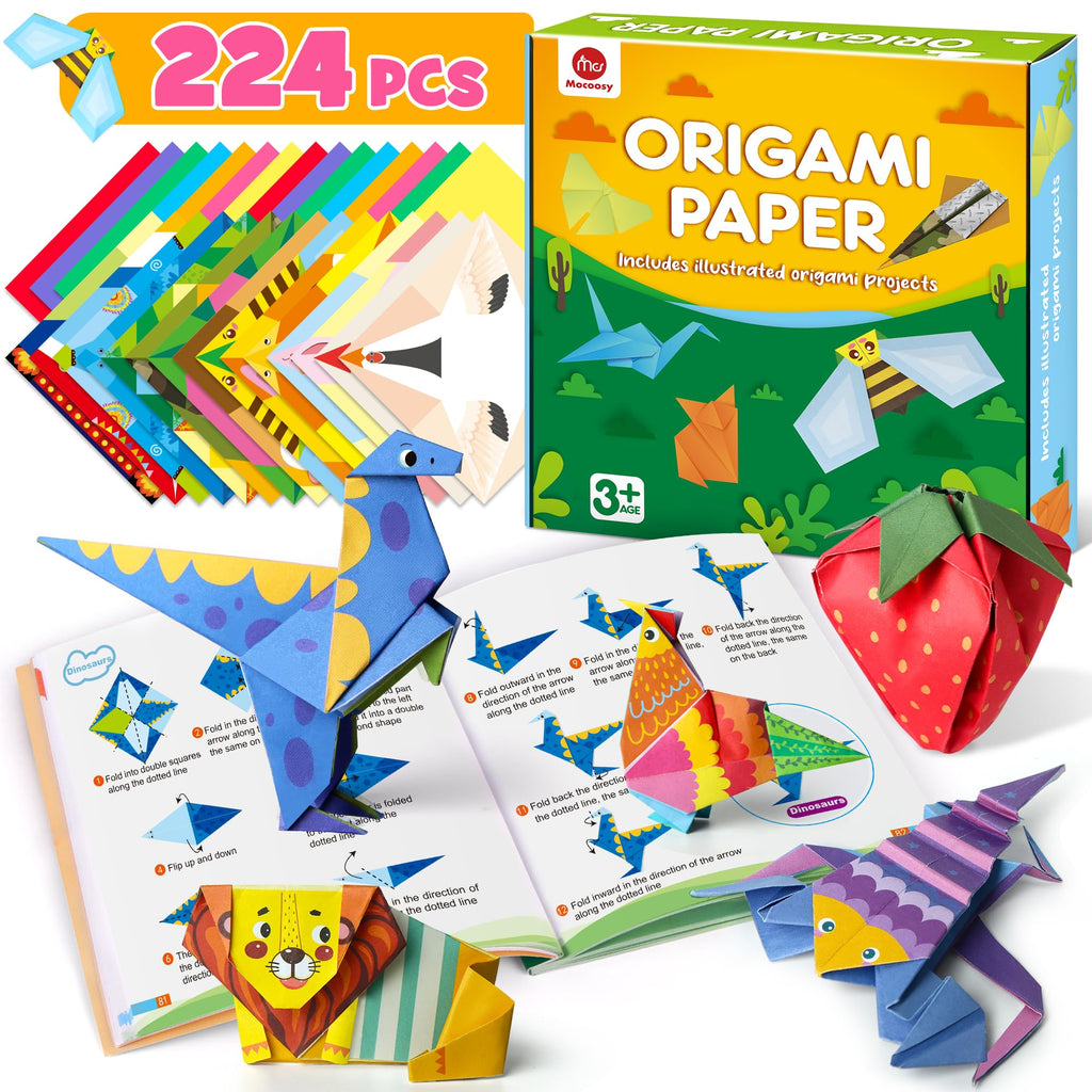 Mocoosy 224 Sheets Origami Paper Kit for Kids Ages 5-8 8-12, Folding Paper Set with Origami Book, Art Craft Supplies Boys Girls 9-12, Travel Game Car Road Trip Activities Easter Basket Stuffer Gifts