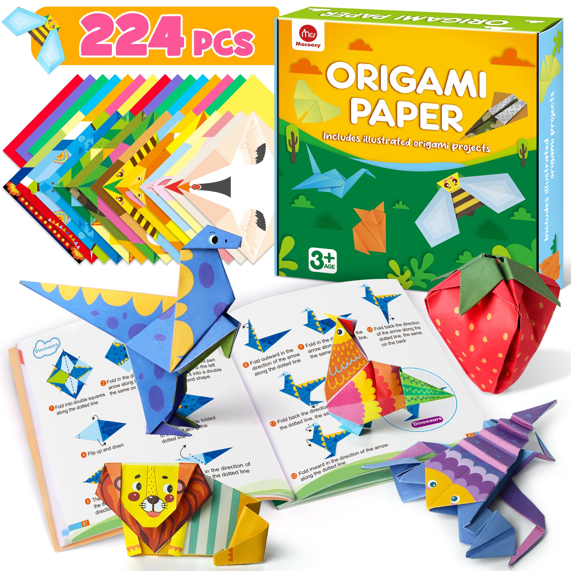 Mocoosy 224 Sheets Origami Paper Kit for Kids Ages 5-8 8-12, Folding Paper Set with Origami Book, Art Craft Supplies Boys Girls 9-12, Travel Game Car Road Trip Activities Easter Basket Stuffer Gifts