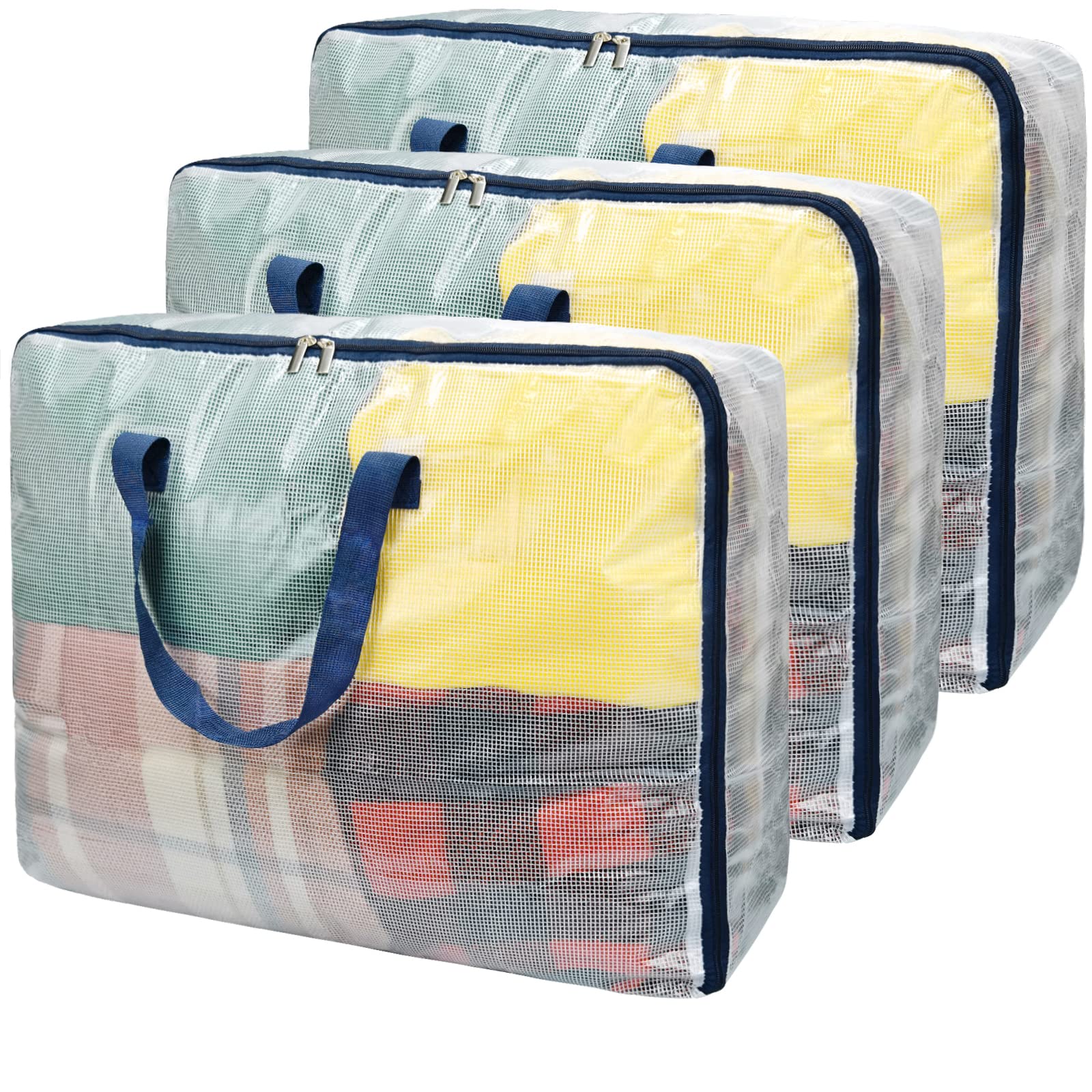 Clear Storage Bags with Zipper, 75L Extra Large Capacity - Closet, Underbed Storage Organizer for Clothes, Bedding, Comforter, Toys, Pillow & Blanket, 3 Pack