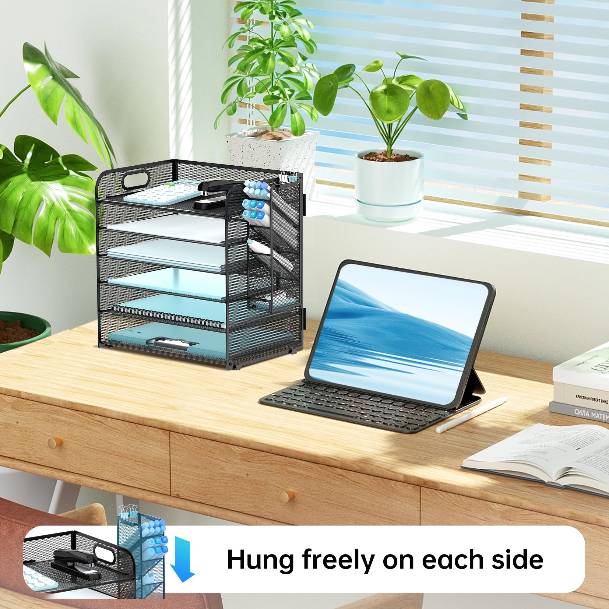 SUPEASY 6 Tier Paper Organizer with 4 Pen Holders, Mesh Letter Tray with Handle, Paper Tray Organizer for A4 Files, Black