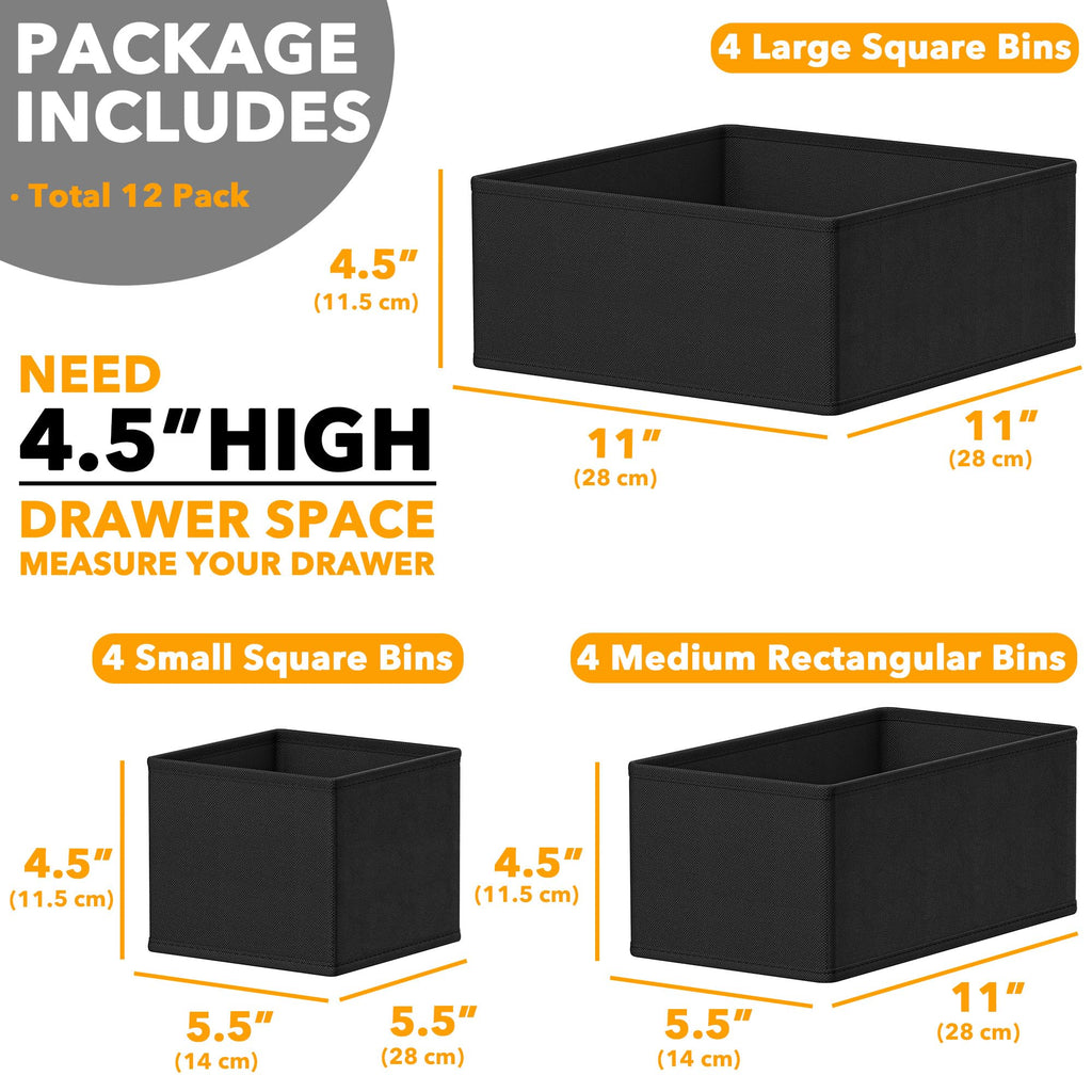 SpaceAid Drawer Organizer for Clothes, 12 Pack Dresser Drawer Organizer Bins, Closet Organizers and Storage Dividers for Clothing, Underwears, Socks (Black)