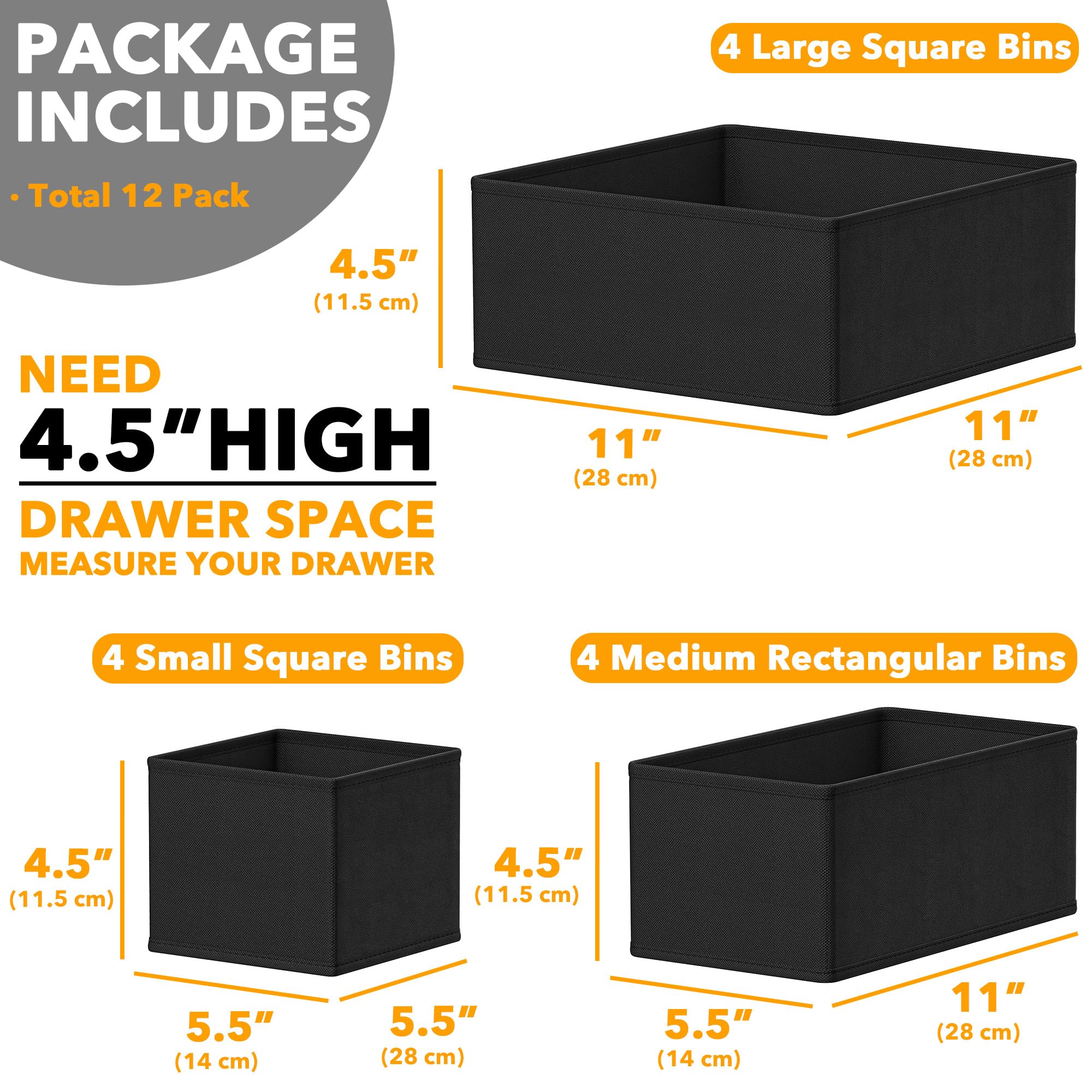 SpaceAid Drawer Organizer for Clothes, 12 Pack Dresser Drawer Organizer Bins, Closet Organizers and Storage Dividers for Clothing, Underwears, Socks (Black)