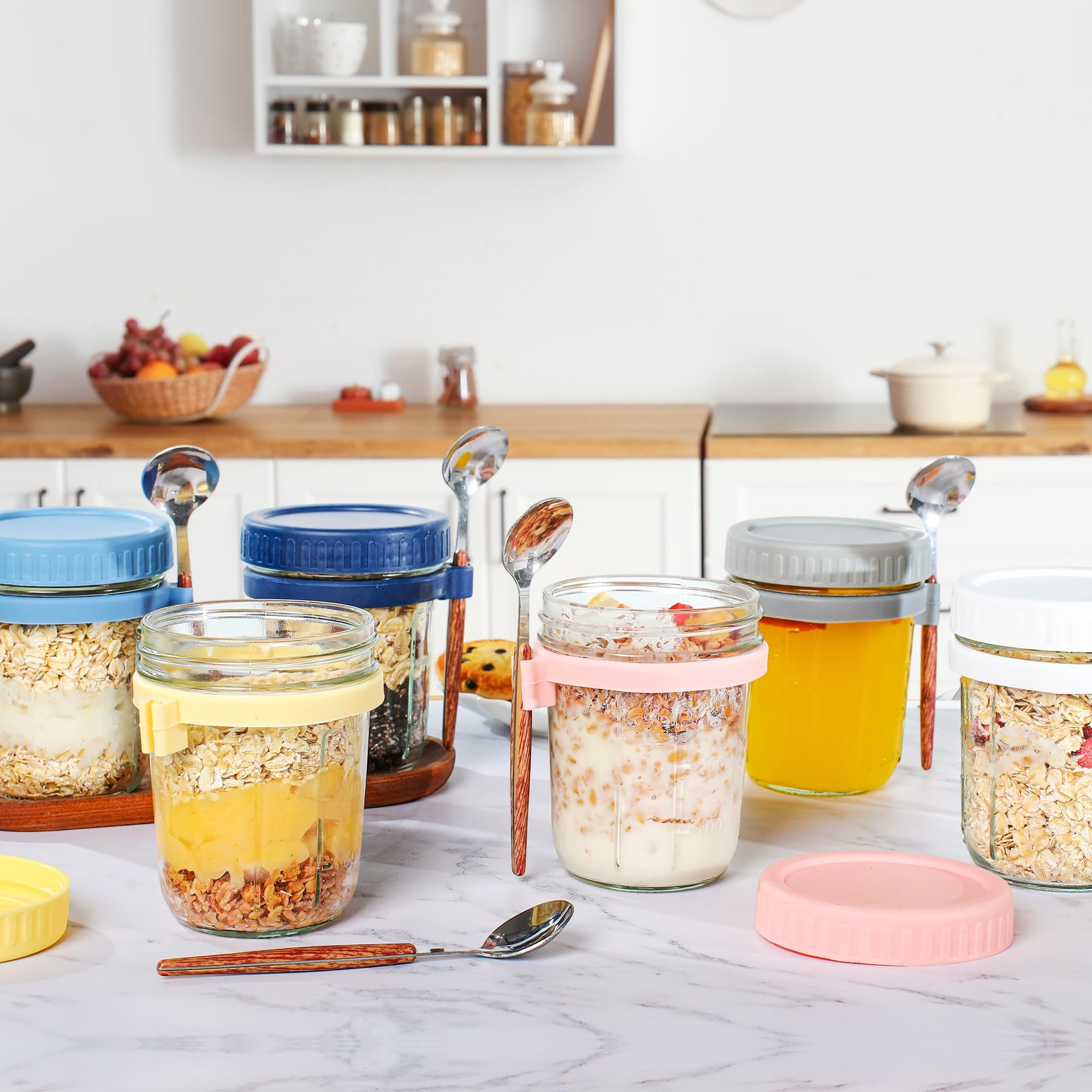 HPLYEL 6 Packs 16OZ Overnight Oats Containers with Lids and Spoons, Glass Overnight Oatmeal Jars Kitchen Food Storage Airtight Leak Proof Mason Jars for Salad, Cereal, Coffee, Dry Snacks, Seasoning