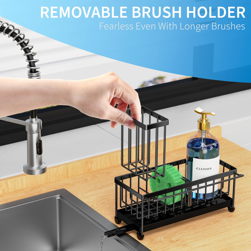 Cisily Sponge Holder for Kitchen Sink, Sink Caddy with High Brush Holder, Organzier Rustproof 304 Stainless Steel Dish Organizer Divider, Soap Dispenser Storage (Black with Towel Rack)