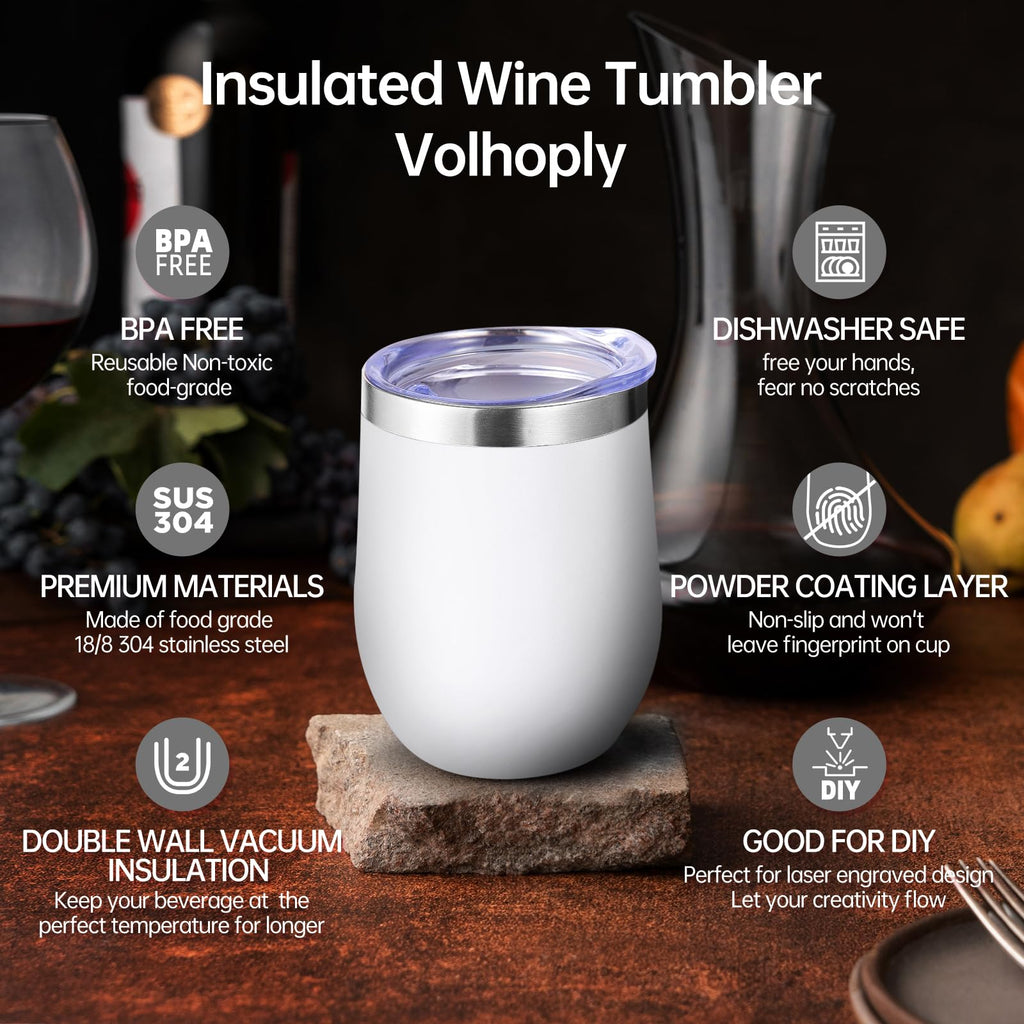 Volhoply 12oz Stainless Steel Wine Tumbler with Lid Bulk 4 Pack,Double Wall Vacuum Stemless Wine Glasses,Reusable Metal Travel Coffee Mug with Straw,Insulated Cup Gifts for Women,Christmas（Mix,4 Set）