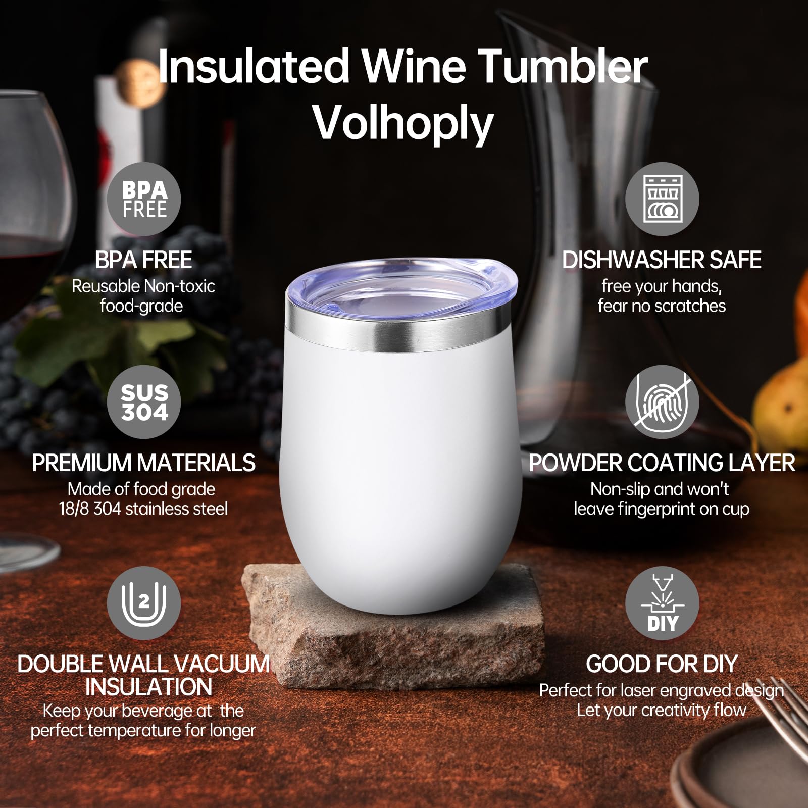 Volhoply 12oz Stainless Steel Wine Tumbler with Lid Bulk 4 Pack,Double Wall Vacuum Stemless Wine Glasses,Reusable Metal Travel Coffee Mug with Straw,Insulated Cup Gifts for Women,Christmas（Mix,4 Set）