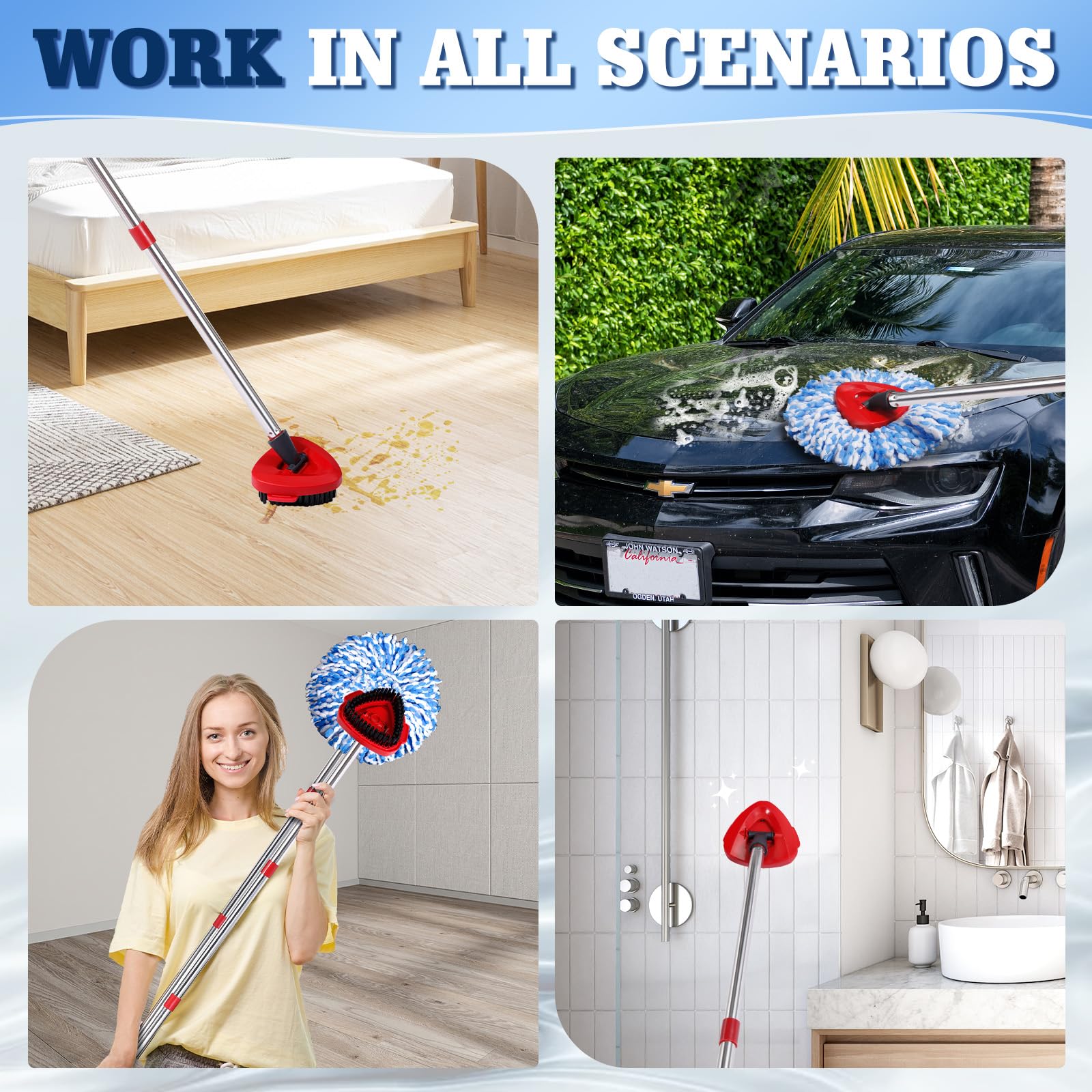4-Pack Microfiber Spin Mop Head Replacements - Compatible with Oceda RinseClean 2-Tank System,Comes with 1 Mop Scrub Brush, 1 Mop Base & 4 Cleaning Floor Mop Heads Blue
