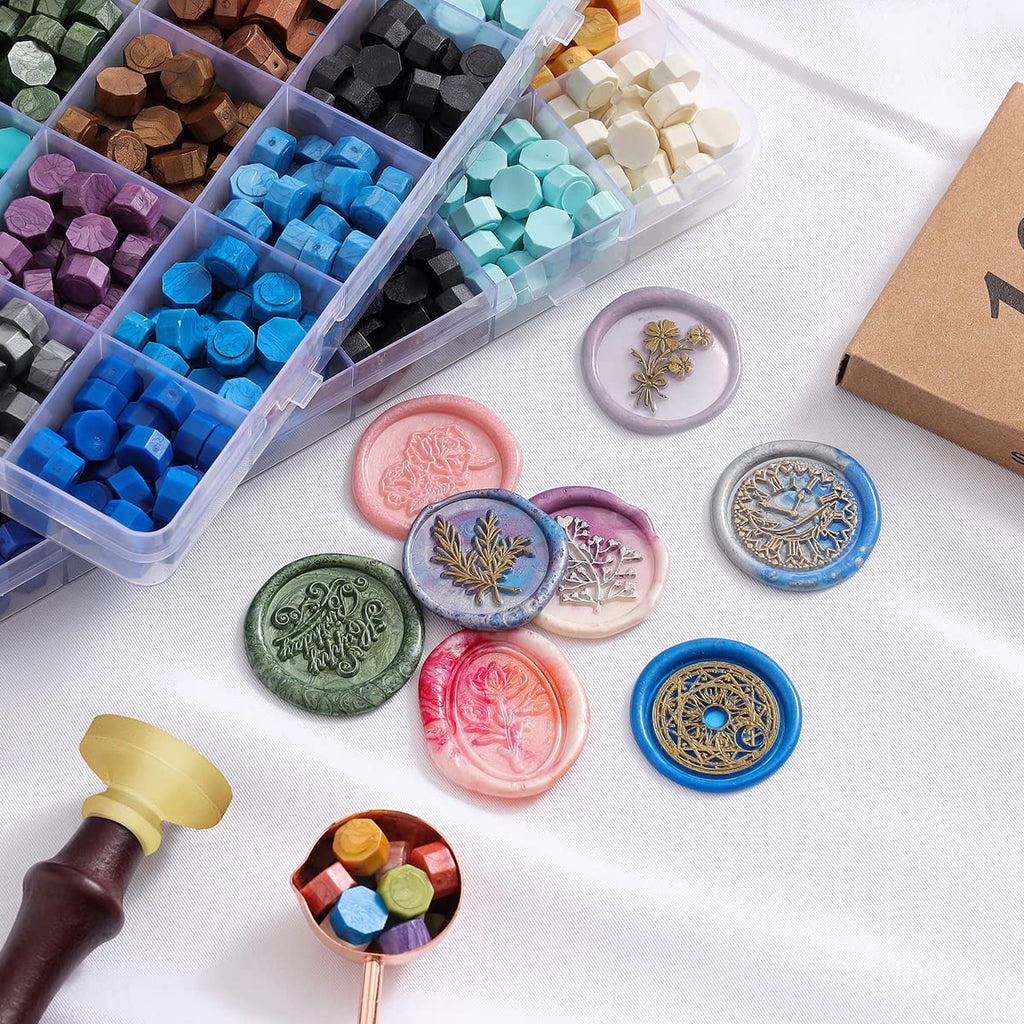 Wax Seal Stamp Kit, 630 Pcs Wax Beads with Gift Box, Wax Seal Stamp with Sealing Wax Stamp, Wax Seal Warmer, Envelopes Metallic Pens, Wax Seal Stamp Set for Gift and Decoration