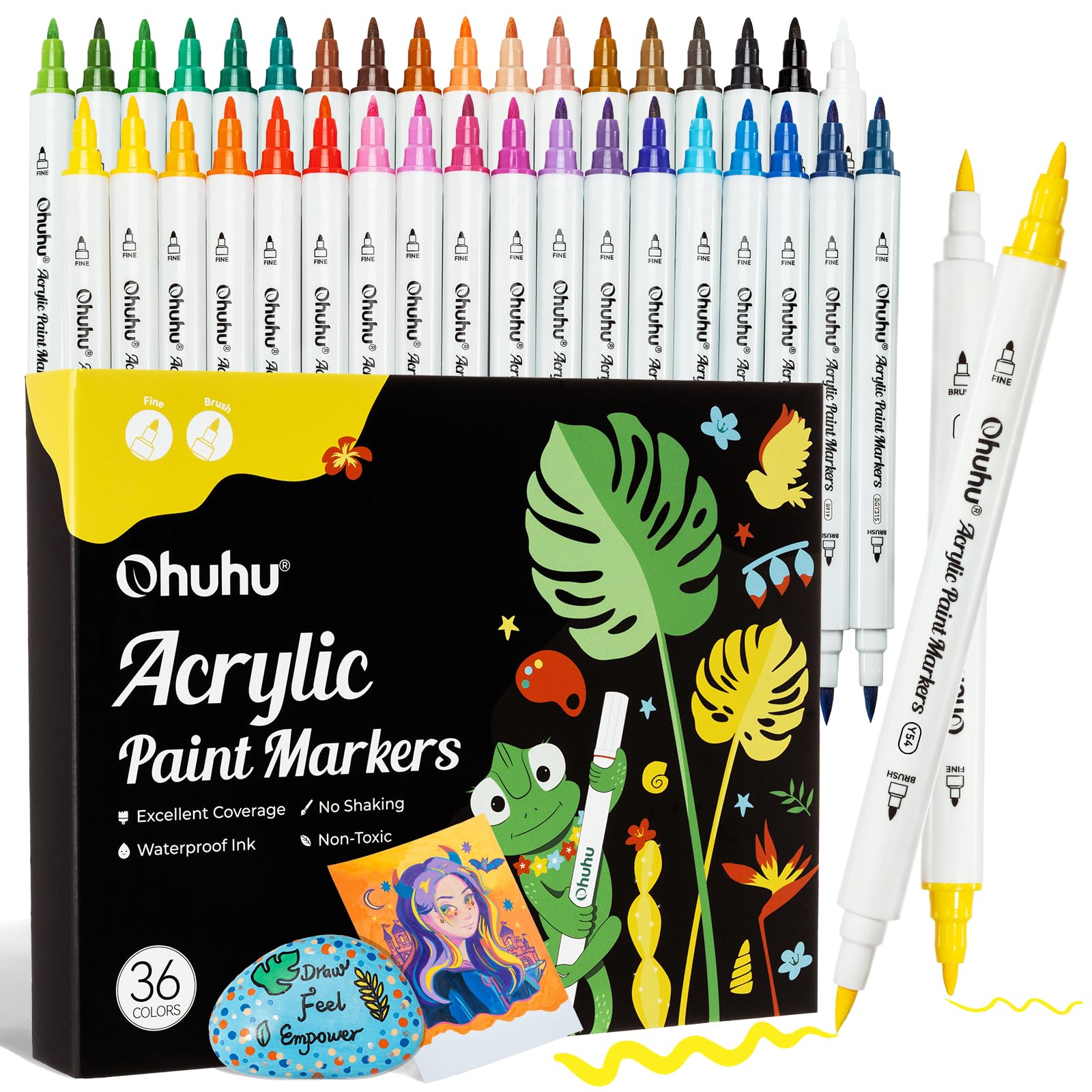 Acrylic Paint Pens 36 Colors, Ohuhu Dual Tips (Fine & Brush) Marker Pens - Waterproof Lightfast High Opacity Acrylic Markers for Rock Painting Easter Eggs Wood Glass Ceramic Canvas