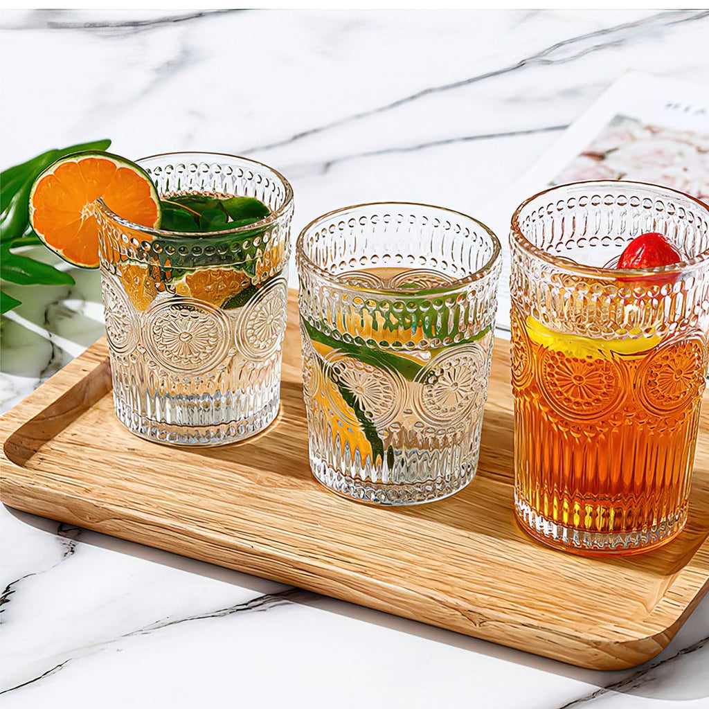 Vintage Drinking Glasses Set of 12, Textured Clear Striped Glass Cups, 10oz Ribbed Glassware Set, Tall Water Glass Tumblers, Mojito Cups, Cocktail Glass, Iced Coffee Cup, Bar Glassware