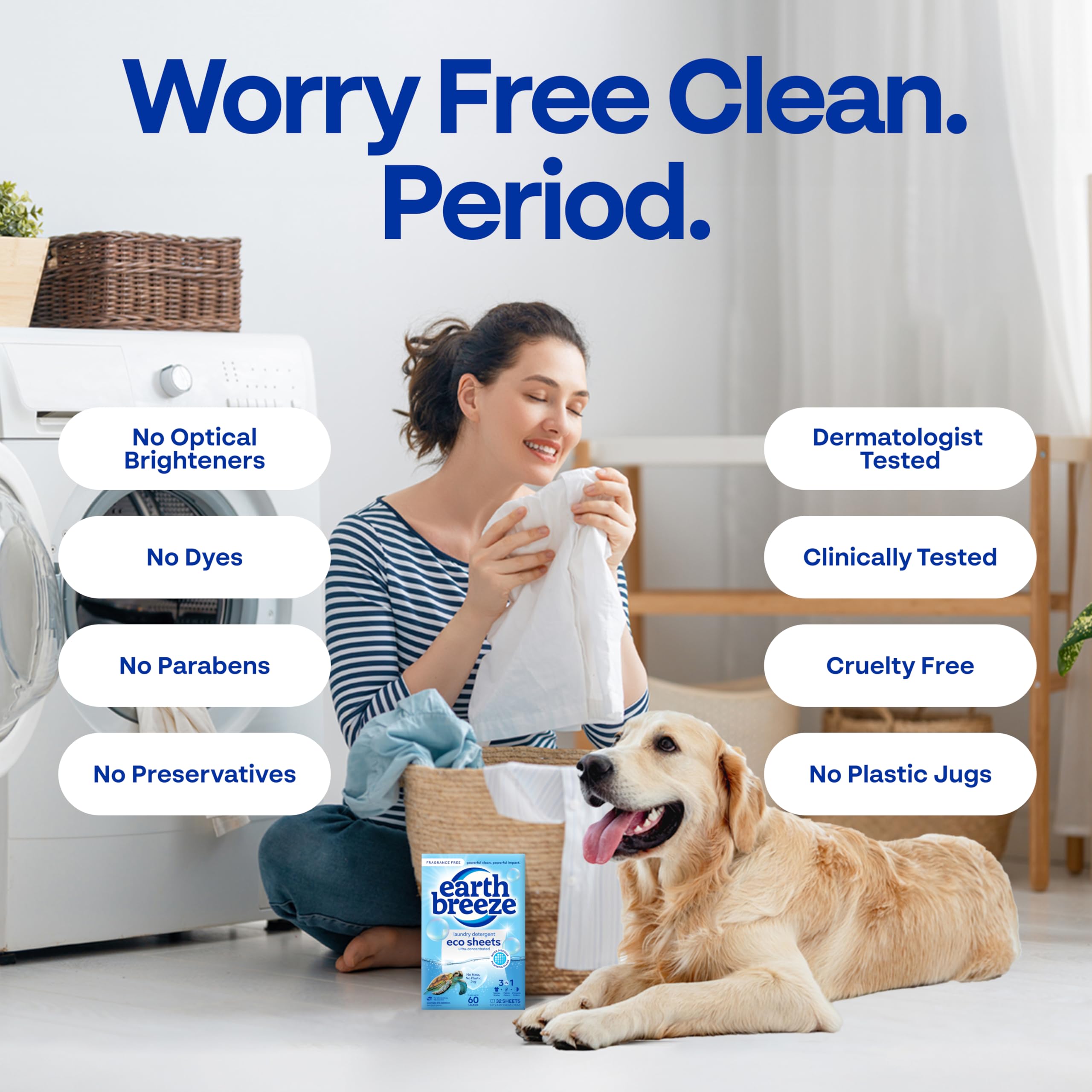 Earth Breeze Laundry Detergent Sheets Fragrance-Free - 60 Loads Eco Liquidless Soap - Travel-Friendly for Hot & Cold Cycles, Tackles Tough Stains & Odors - Gentle on Sensitive Skin, 30 Ct