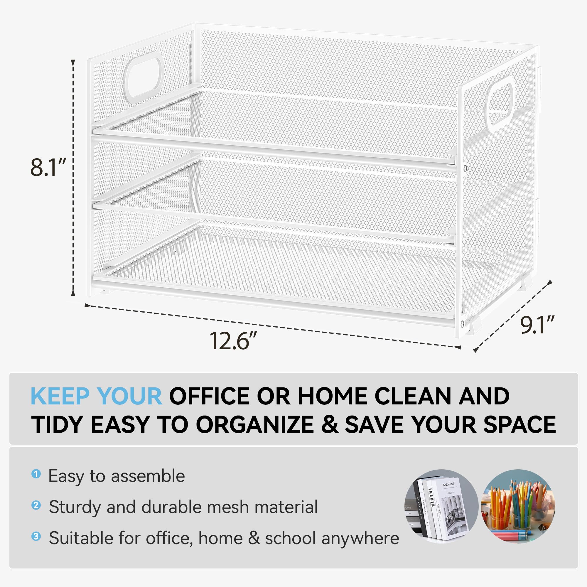 Subekyu 3 Tier Letter Tray Paper Organizer with Handle, 1 PC Sliding Tray, White Metal Mesh Desk File Folder Paper Sorter Organizer for Home Office School Desk Supplies Organization Storage
