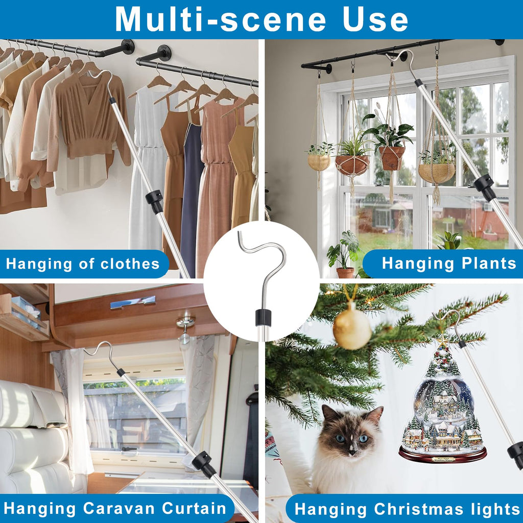 Greeily Clothes Hanger Reaching Hook, High Reach Garment Hook Telescopic Adjustable 37" to 63" for Hanging Clothes Plants Bird Feeders Christmas Light Pole Stainless Steel Material with 2 Long Hooks