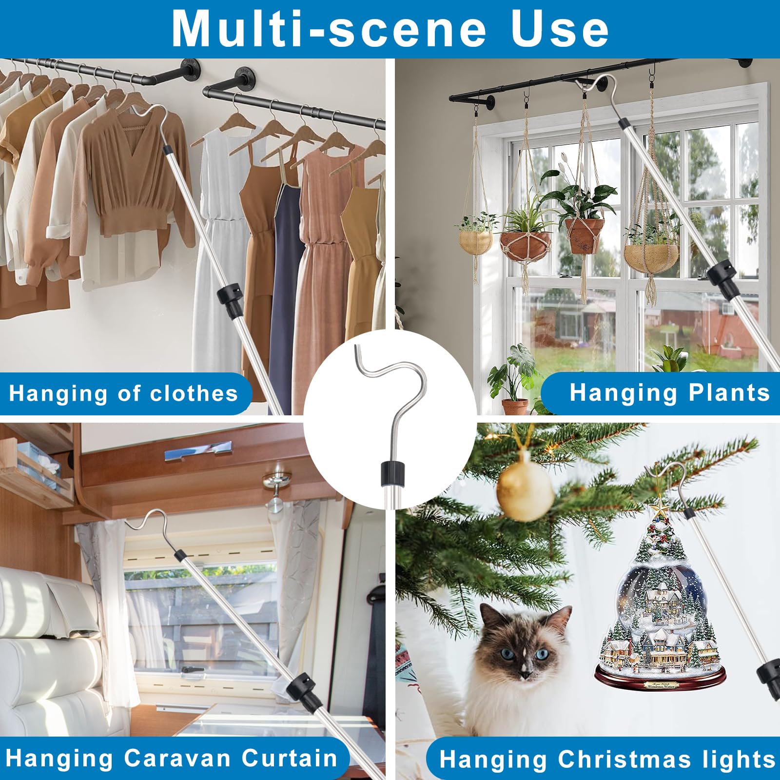Greeily Clothes Hanger Reaching Hook, High Reach Garment Hook Telescopic Adjustable 37" to 63" for Hanging Clothes Plants Bird Feeders Christmas Light Pole Stainless Steel Material with 2 Long Hooks