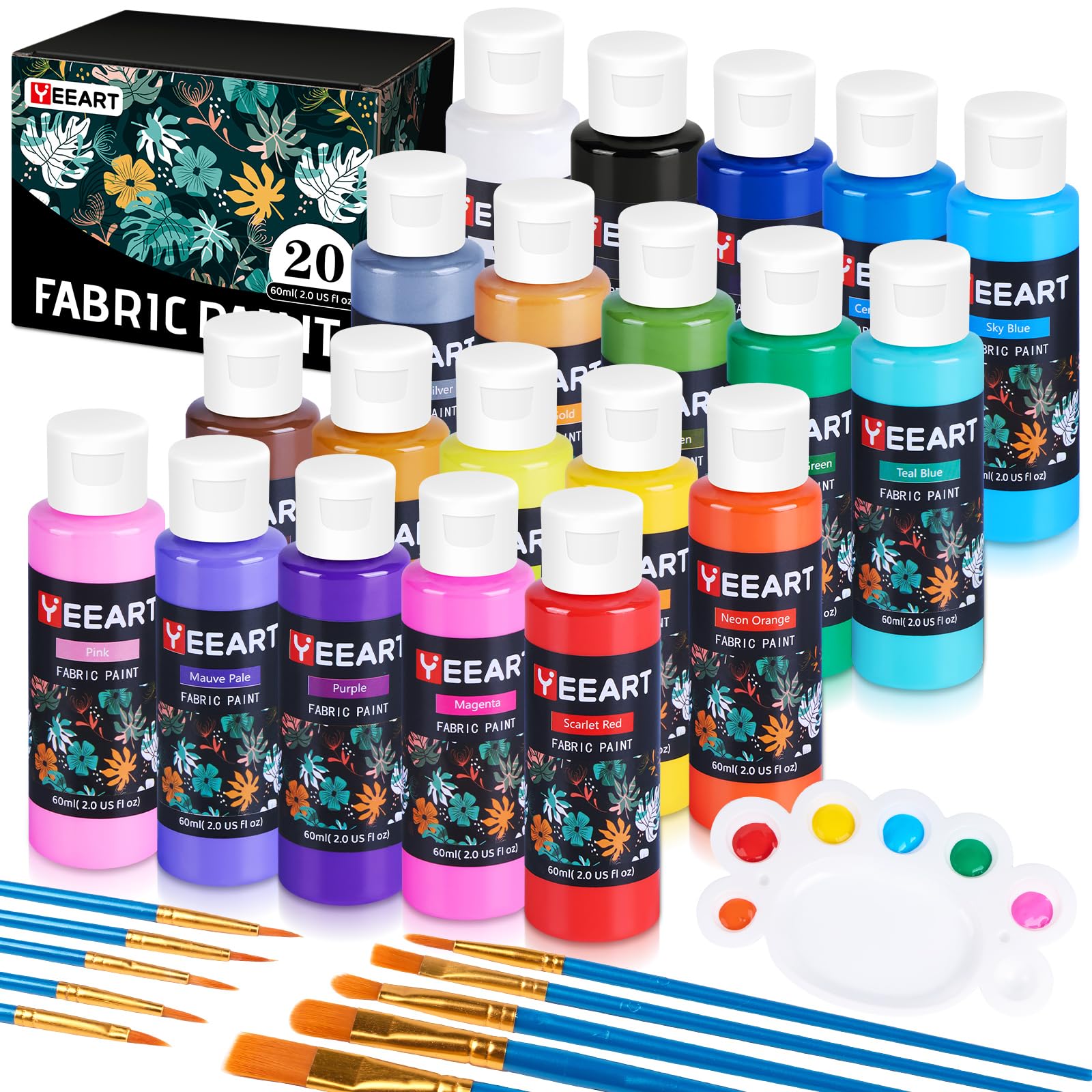 Fabric Paint, Yeeart 20 Colors Permanent Soft Fabric Paint Set for Clothes in Bottles (60ml/2oz) with 10 Brushes, Palette, Non-Toxic Textile Paint Art Supplies for Clothes, Canvas, T-Shirts, Jeans