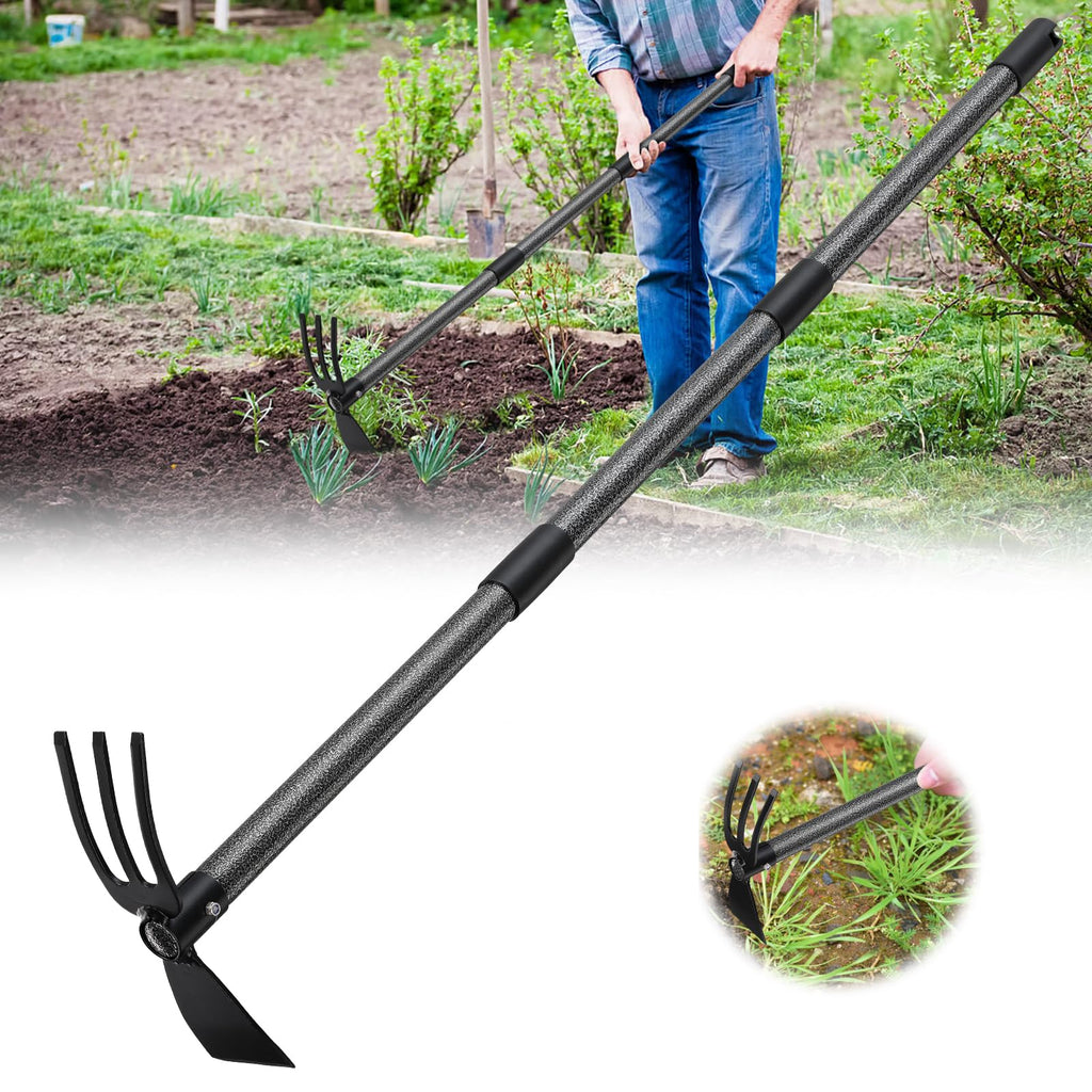 Garden Tool Hoe and Cultivator Hand Tiller with 45inch Adjustable Handle,Heavy Duty Garden Rake with Hoe, Hand Garden Tools Sturdy Sharp