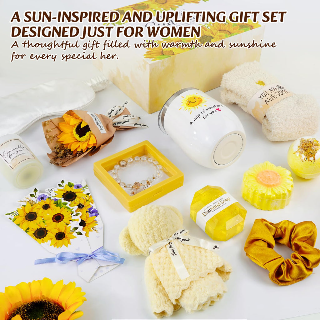 ElatedMore Sunflower Gift Basket for Women,14-Piece Self Care Gift Set, Mothers Day Gift Basket for Mom, Birthday Get Well Thank You Sunshine Care Package for Women Sister Wife Friend（Yellow）