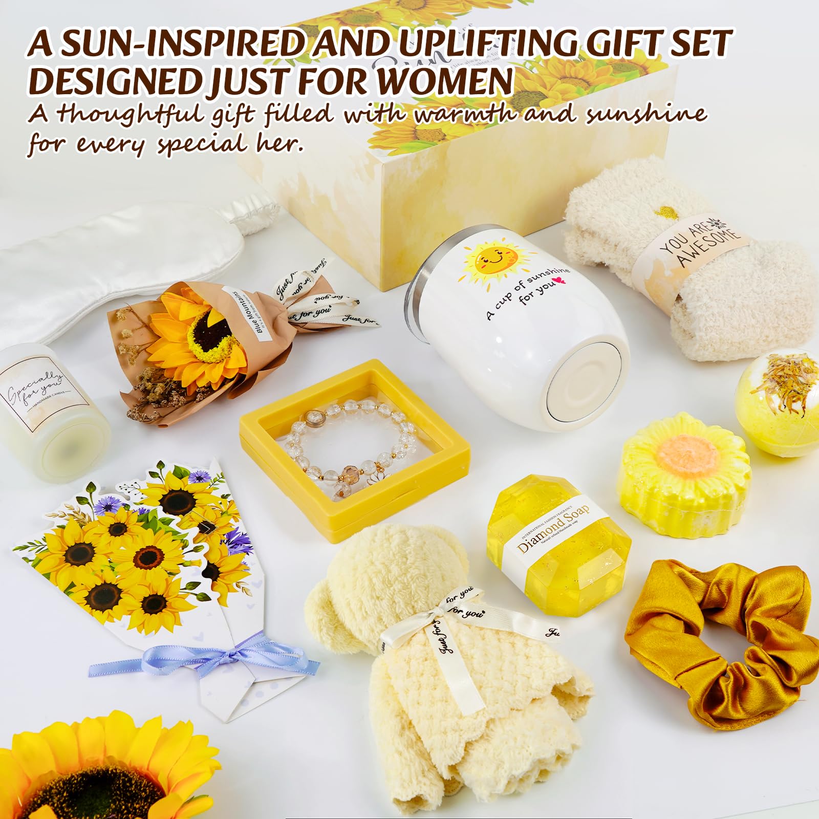 ElatedMore Sunflower Gift Basket for Women,14-Piece Self Care Gift Set, Mothers Day Gift Basket for Mom, Birthday Get Well Thank You Sunshine Care Package for Women Sister Wife Friend（Yellow）