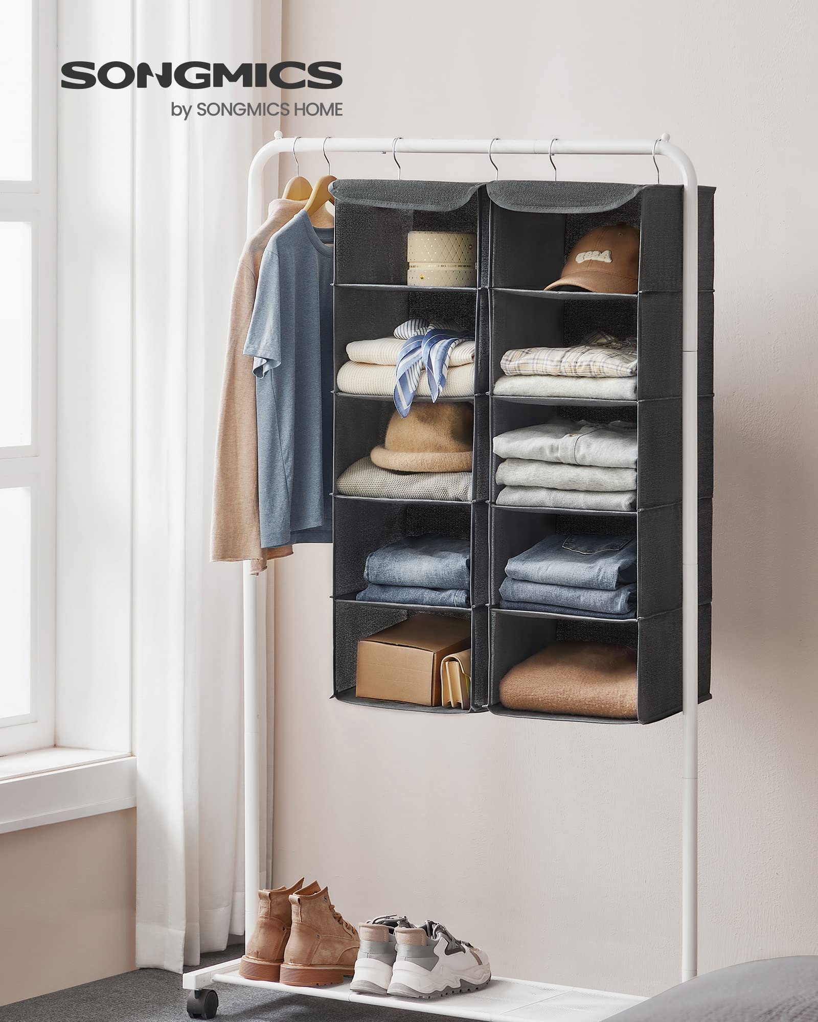 SONGMICS Hanging Closet Organizer, Set of 2, Hanging Storage Shelves, Space-Saving and Foldable, Metal Hooks and Bamboo Inserts, Gray