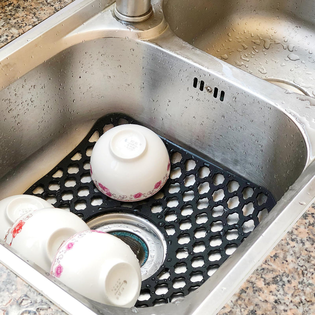 2 Pcs Kitchen Sink Mats, Silicone Grid Sink Protectors Draining Mat for Bottom of Kitchen Sink, Non-Slip Heat Resistant Kitchen Sink Accessories (Rear Drain, Black)