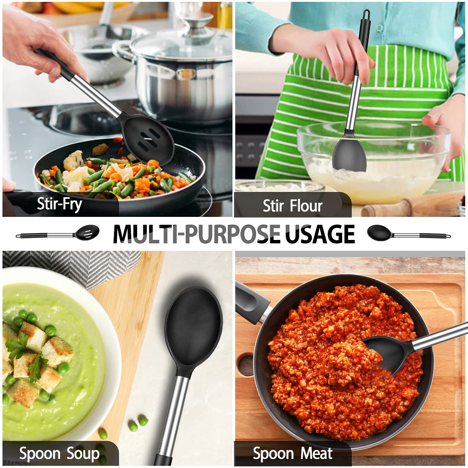 Pack of 4 Large Silicone Cooking Spatulas and Spoons, Slotted and Solid Stainless Steel Cooking Utensils Set, Non-Stick Heat Resistant Kitchen for Baking, Fried, Stir-Fry, Mixing, Serving (Black)