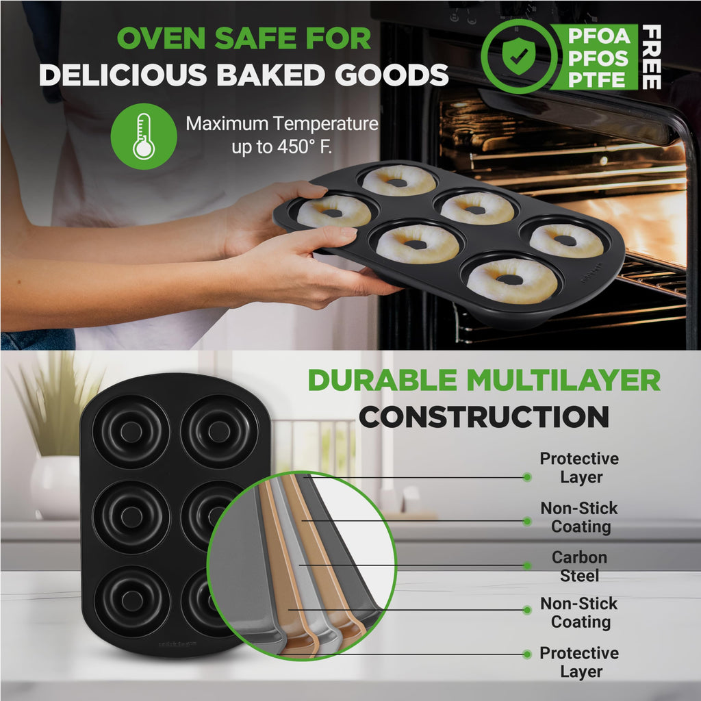 NutriChef Donut Pan - 2 Piece Set of 6 Cavity Nonstick Carbon Steel Donut Molds, Easy Release & Clean, Great for Bagels, Desserts & Chocolate, Dishwasher and Oven Safe