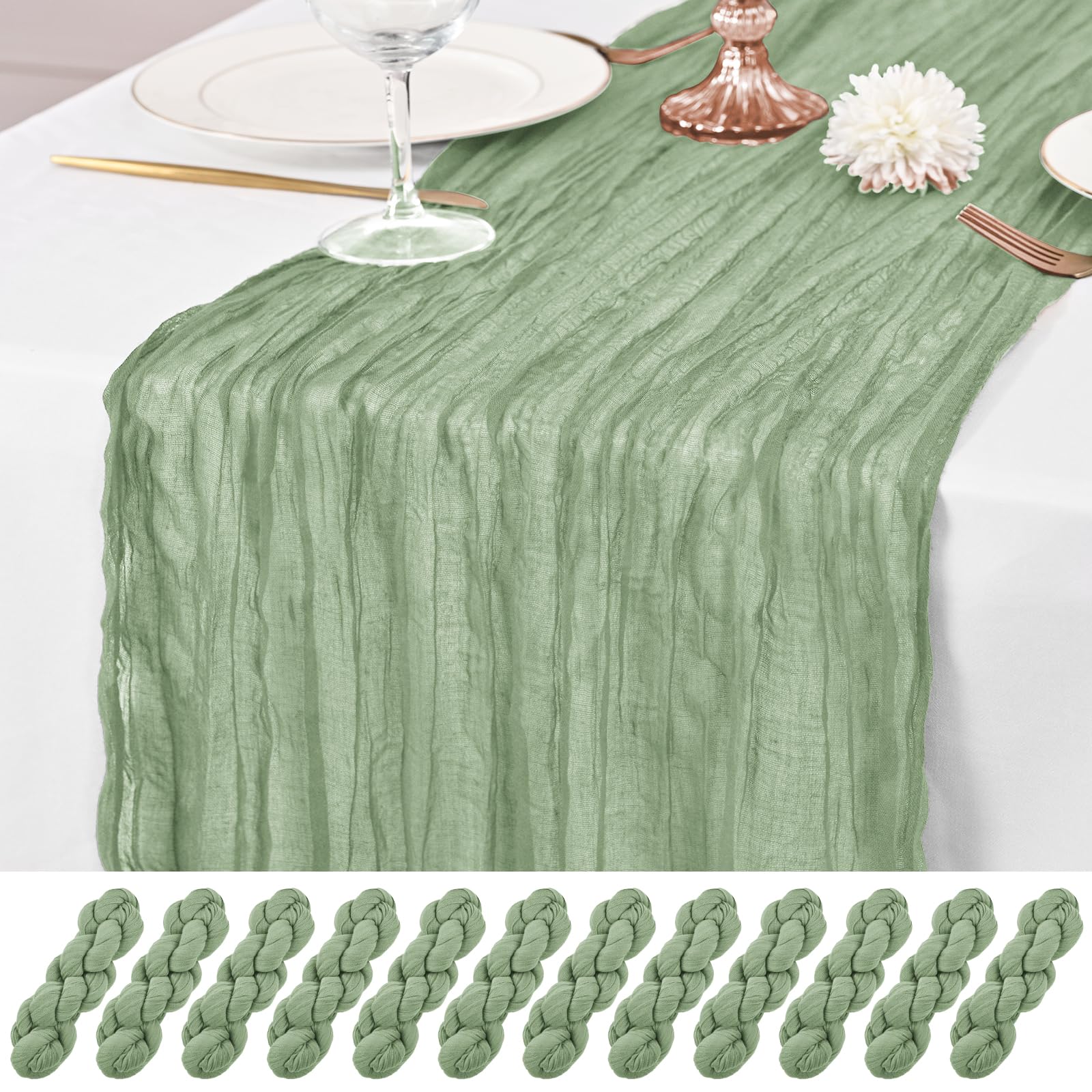12 Pack Sage Green Table Runner 10Ft Cheesecloth Table Runner Rustic Gauze Table Runners Romantic Long Sage Sheer Fabric Cheese Cloth Table Runners for Wedding Party Bridal Baby Shower