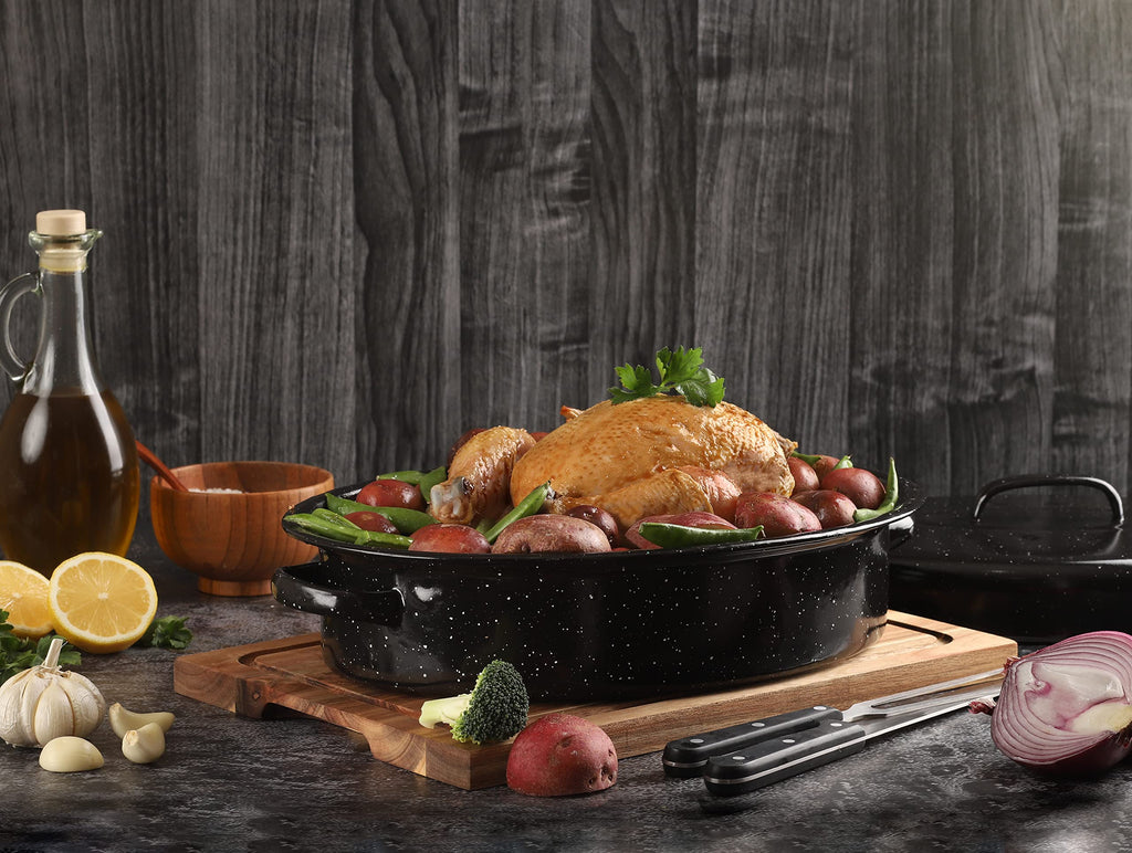 GOURMEX Black Ceramic Enamel Coated Roasting Pan | Dutch Oven Pot with Lid | Dishwasher Safe, Oven Safe, Freezer Safe | Ideal for Chicken, Turkey Roasting Pan (12lb Oval)