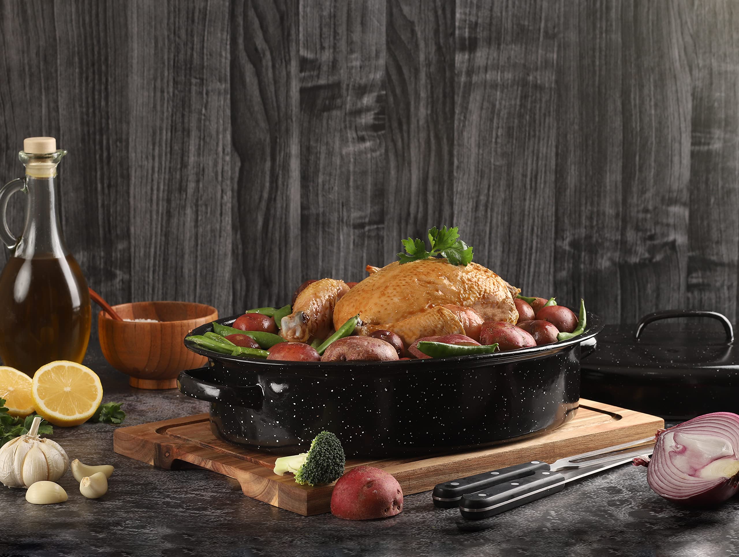 GOURMEX Black Ceramic Enamel Coated Roasting Pan | Dutch Oven Pot with Lid | Dishwasher Safe, Oven Safe, Freezer Safe | Ideal for Chicken, Turkey Roasting Pan (12lb Oval)