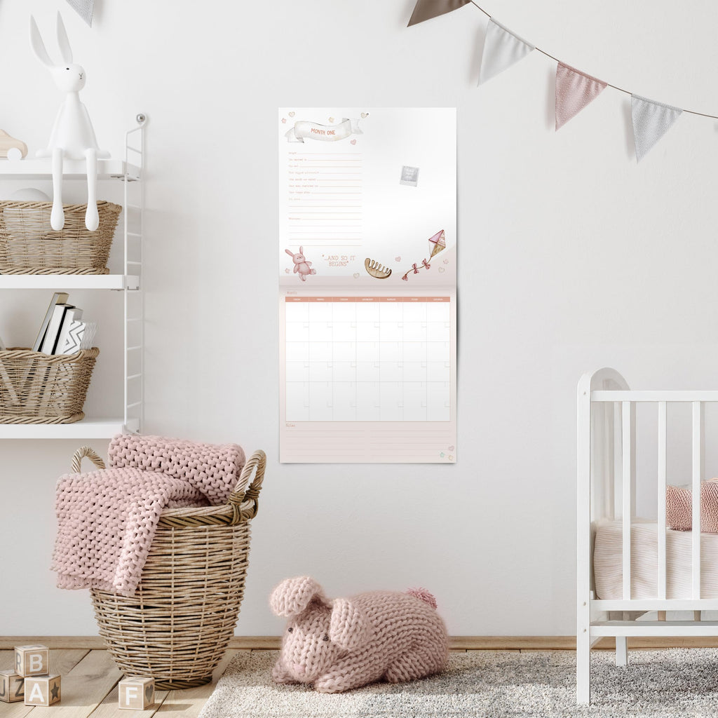 Baby's First Year Calendar with 100 Stickers - Pink Watercolor Design 1st Years Wall Calendar With Stickers, Baby Tracker, Baby Scrapbook for New Mom and Newborn Baby Girls