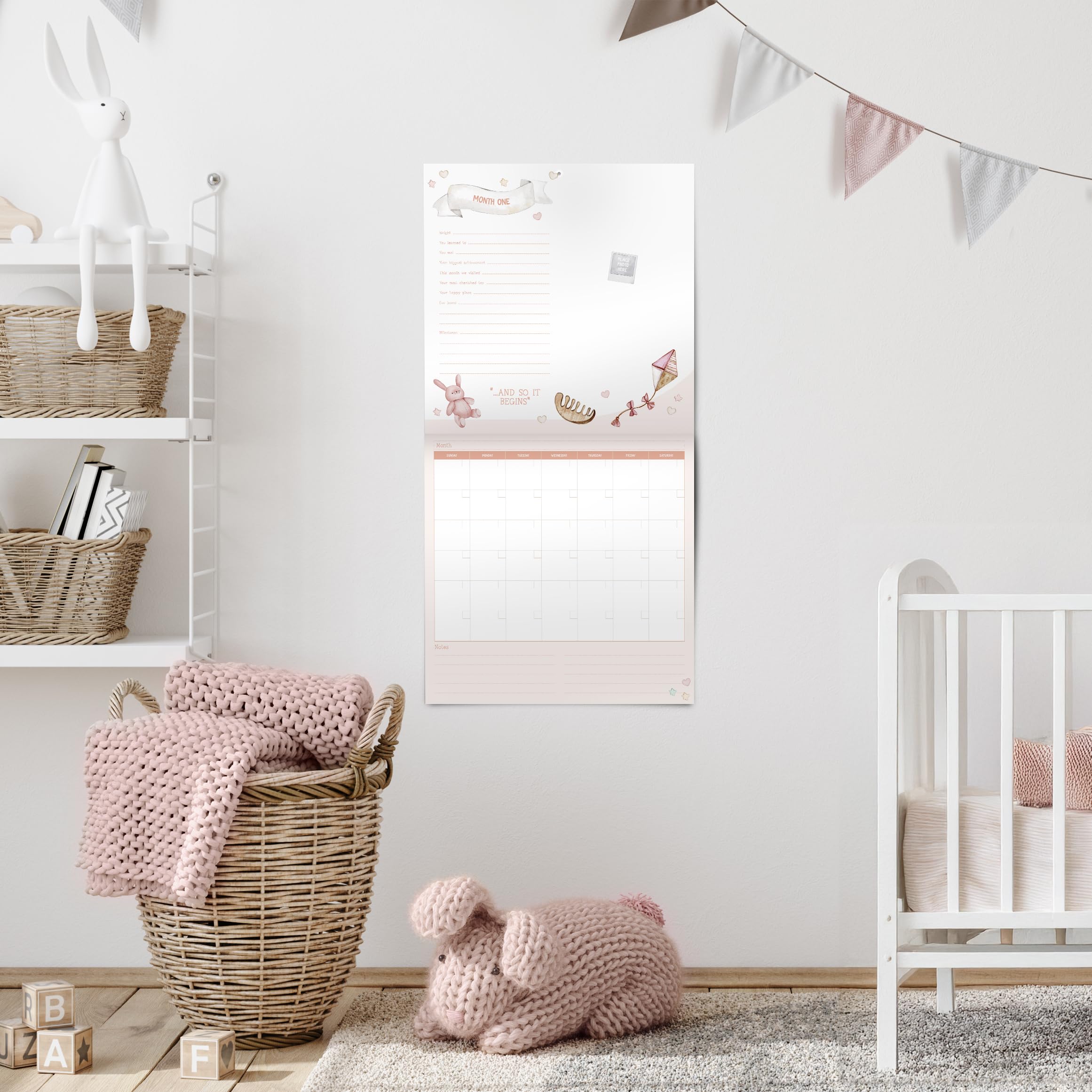 Baby's First Year Calendar with 100 Stickers - Pink Watercolor Design 1st Years Wall Calendar With Stickers, Baby Tracker, Baby Scrapbook for New Mom and Newborn Baby Girls
