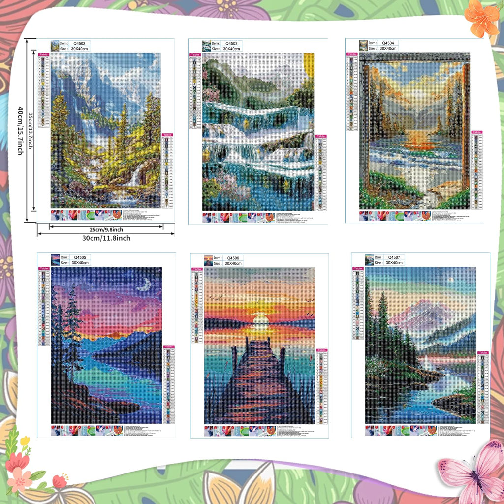 EWJRNSF 6 Pack 5D Diamond Painting Kits for Adults, Diamond Art Kits for Beginners of All Ages, Round Full Drill Painting by Numbers Crafts Home Wall Decor 12 x 16 Inches Landscape