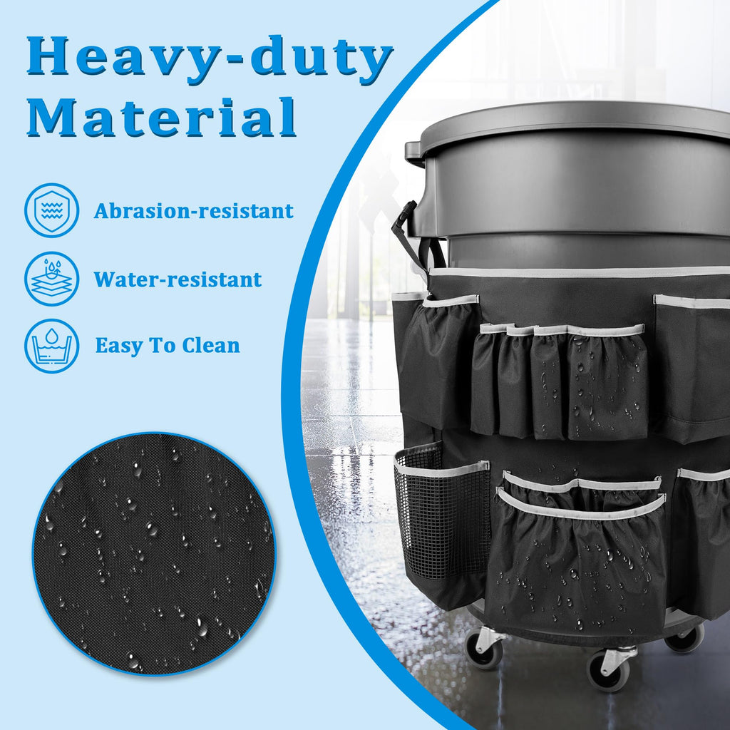 HODRANT Trash Can Caddy Bag Fit 32-55 Gallon Garbage Bin, Cleaning Caddy Bag with Adjustable Buckle for Industrial Trash Can, 13 Pockets Tool Organizer for Cleaning Supplies, Gray Edge